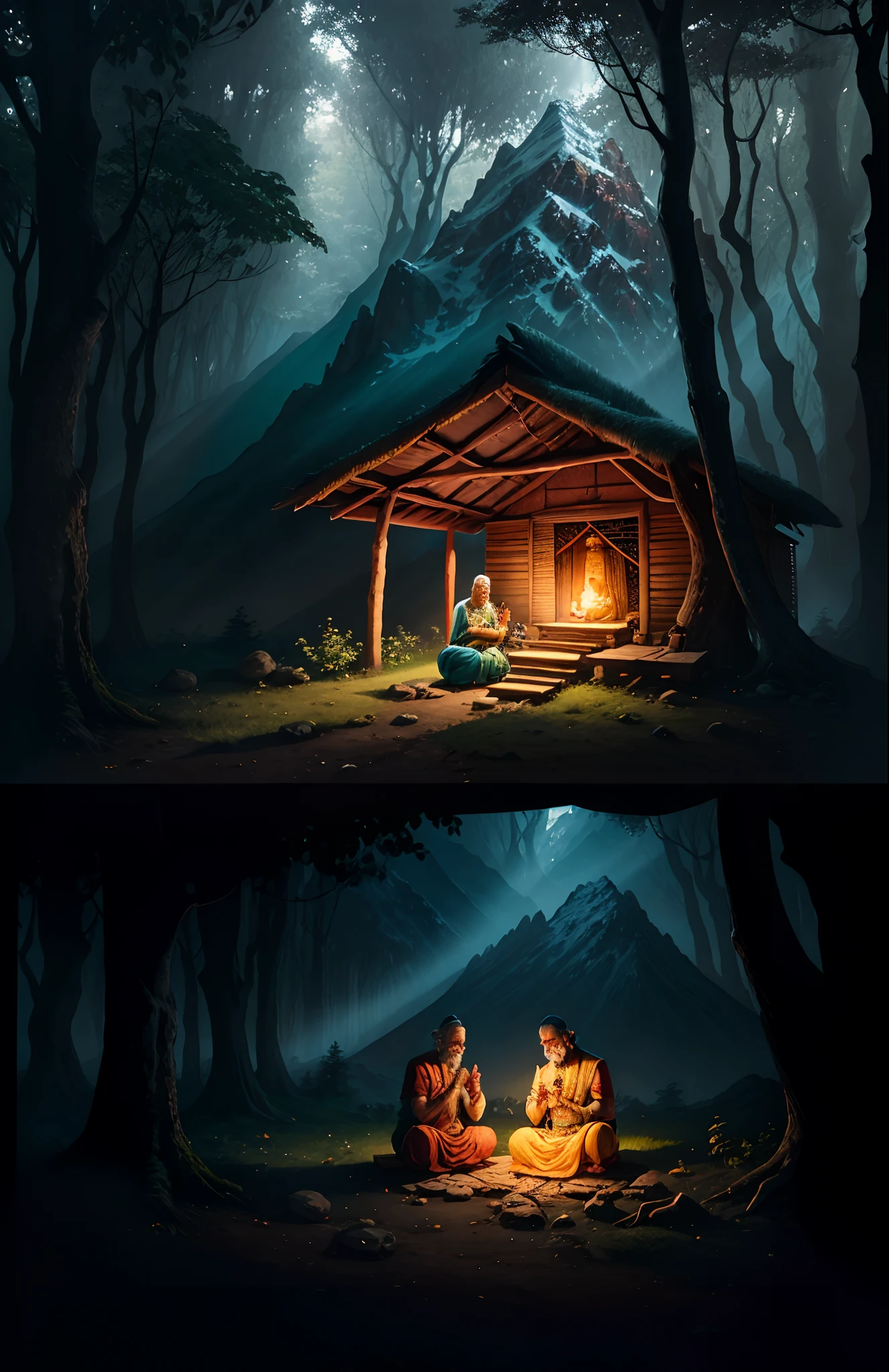 Ancient Hindu sage with his beautiful wife, praying in the woods, near a hut and mountain, realistic, 4k