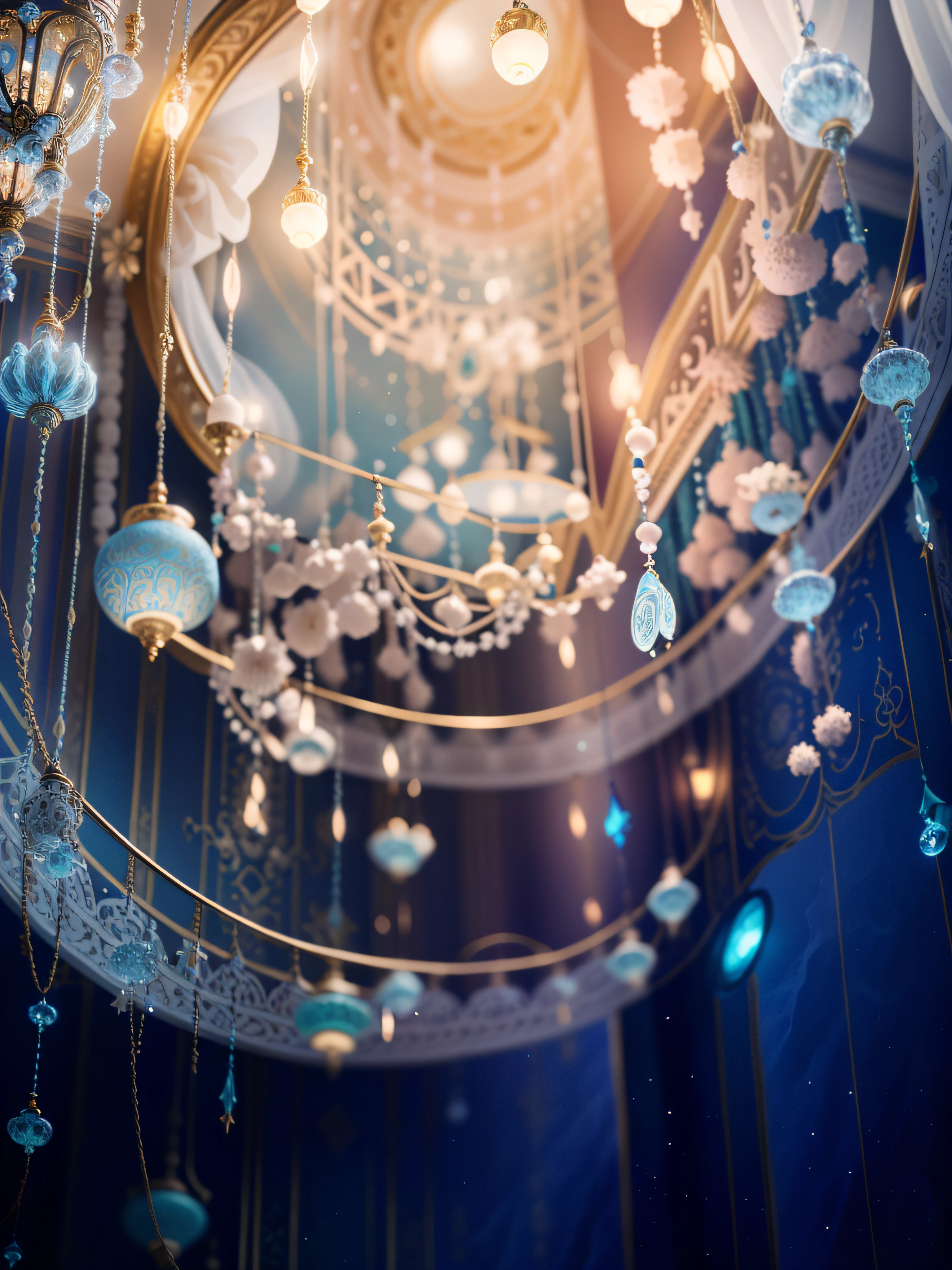 There is a round mirror,A string of beads hangs from it, atmospheric beautiful details, dreamy and detailed, Something hanging from the ceiling, intricate sparkling atmosphere, ethereal details, magical details, Dreamy atmosphere, very magical and dreamy, lavishly decorated, ornate and flowing, Fantastical Atmosphere, dreamy atmosphere and drama, Beautiful fantastic lighting, intricate ornament halo, closeup cinematic aquatic scene