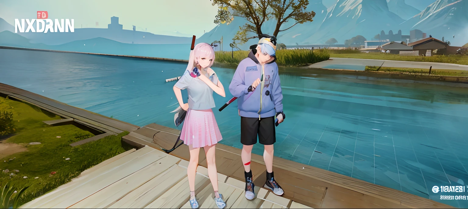 there are two people standing on a dock with a tennis racket, <mmorpgs scene, kda and sam yang, in - game, in-game, lunar themed attire, fashion gameplay screenshot, ingame image, medium shot of two characters, in game, nixeu and sakimichan, huang yuxing and aya takano, style game square enix