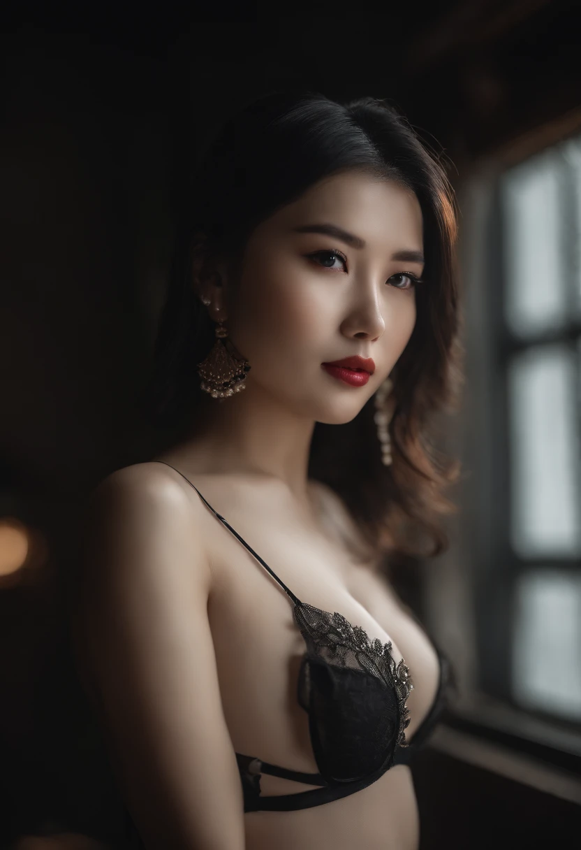 Chinese girl VN02, Shot on a Nikon Z7 II mirrorless camera,120 mm F/4 Wide angle Best quality, Masterpiece, Ultra detailed, Black silk lace transparent bra，Black briefs，Grey Stockings, rendering by octane, Beautiful detailed eyes, ultra detailed hair,The skin has a spotted spot， Graceful,Charming, Plump breasts, Sexy,, Delicate short hair , Exposed cleavage