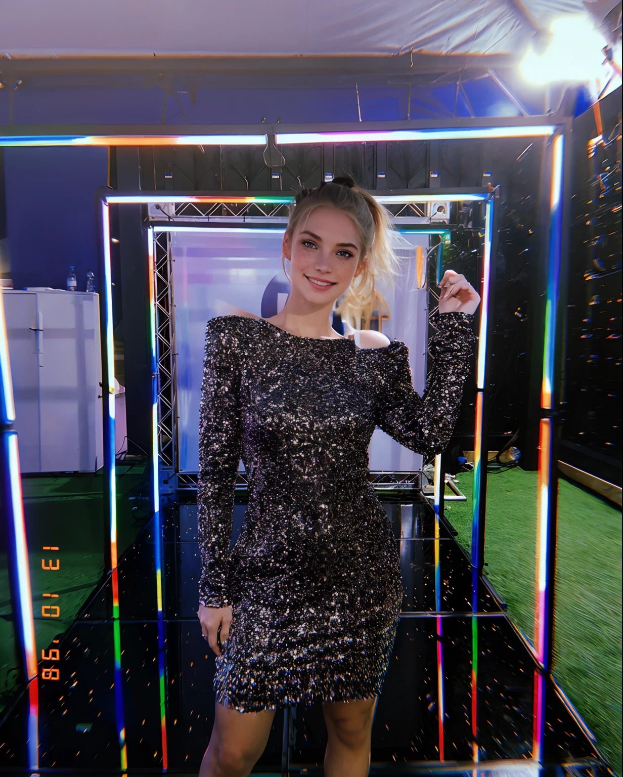 Rosto de uma mulher, americana, 25 anos, pale skin and freckles, olhos cinzas, nariz delicado, soft and delicate lips, cabelo blondie cinza ponytail, sorriso meigo,