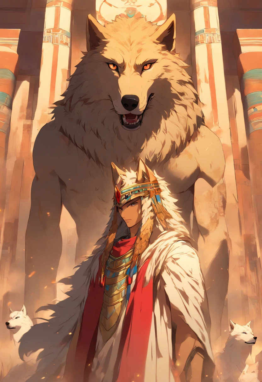 (((Man with Wolf Head))) best quality, very high resolution, 4K detailed CG, masterpiece, Egyptian mythology,Wepwawet,Wolf God,Egyptian tomb, Ancient Egypt, standing pose, white clothes, Egyptian clothes , Egyptian temple, desert, Ancient Egypt , ((wolf head, man's body)), Egyptian palace, aesthetics, beautiful image, centered on screen, standing pose