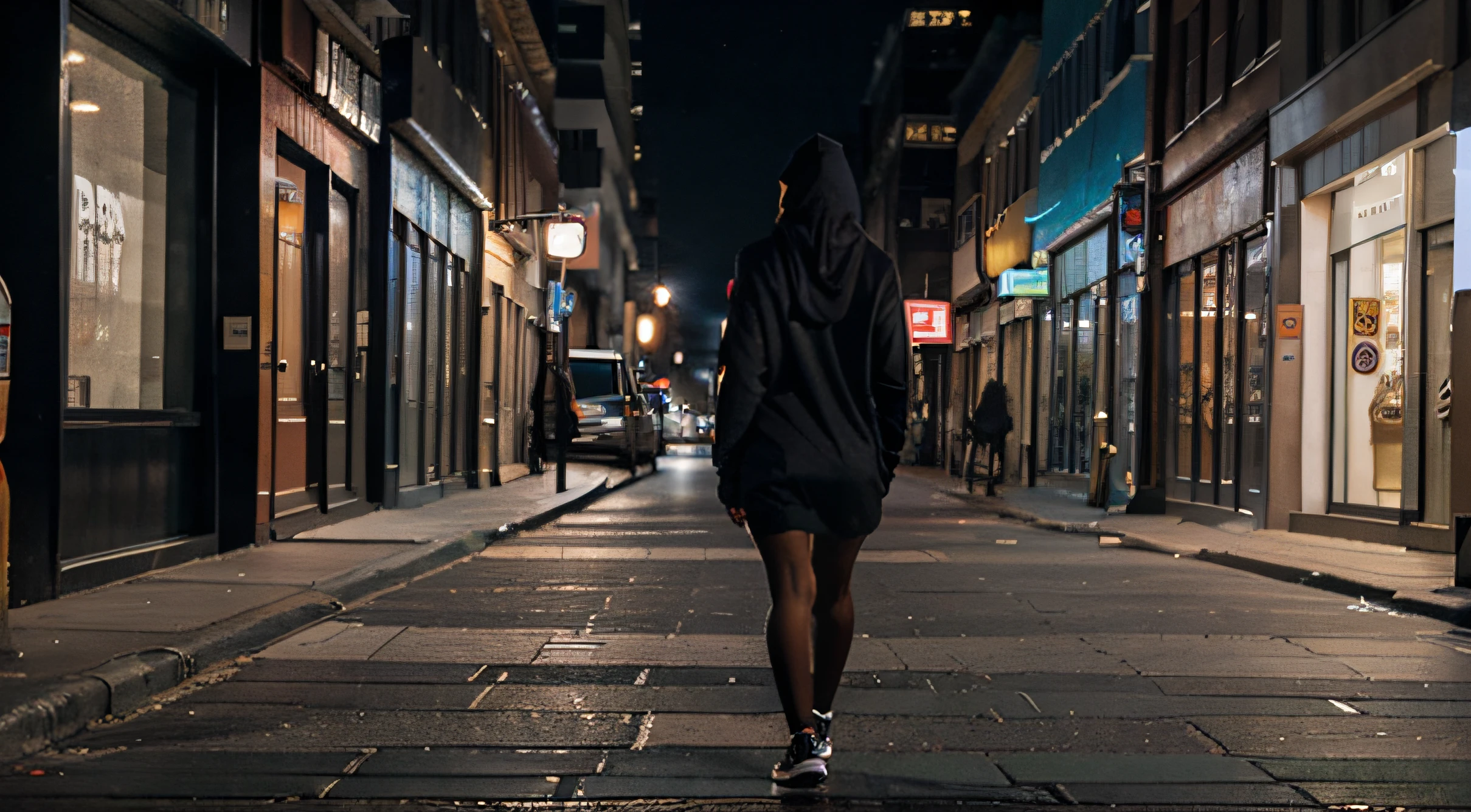 american woman in a hoodie walking alone in a big street's pavement with no people at night