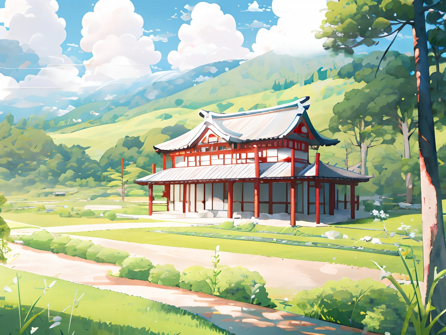 (Japanese landscape), (Hayao Miyazaki Style), cartoon, modern countryside, roads, curves, low houses, trees, poles, white clouds, calm landscape, outdoor, green trees, epic composition, realistic lighting, high definition detail, masterpiece, best quality, (very detailed CG unified 8k wallpaper), clay texture, clean background, natural light, best quality, ultra detail, 3d art,  C4D, OC Renderer, 3D Rendering, 8K