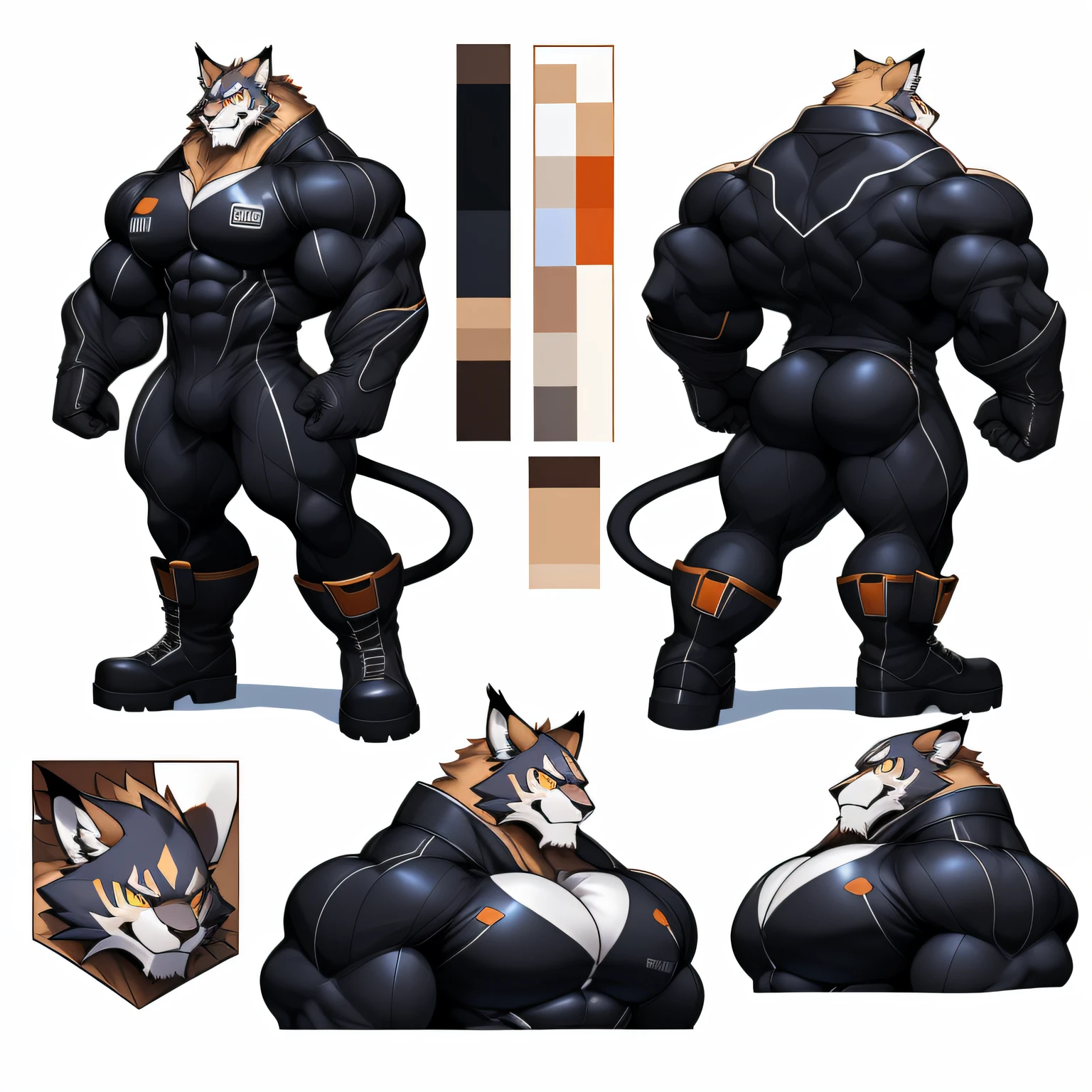 Close-up of a character, ((Character concept art)), ((Character Design Sheet, Same character, front, from the side, back)) Image of the character, video game character design, video game character design, ((Masterpiece)), (((Best quality))), illustration, environment Scene change, pose too, (Simple background, white background: 1.3) lap, multiple_Views, Concept art, Reference sheet, multiple views, (Multiple views of the same character in the same outfit: 1.3.)  Leomon, Gigachad, (very detailed eyes:1) (very detailed face:1) (very detailed iris and pupils :1.2)  black , massive muscles, huge pecs, ((massive pectorals)) ((huge pectorals)) chiseled abs, huge pectorals, exaggeratedly huge muscles. A furry hero whose presence inspires trust and respect. (((His black  covers from neck to ankles and the sleeves completely cover the arms, boots, gloves.))) ((black fabric )) huge muscular thighs firm, round buttocks and round butt in with his back, lion tail, long tail, huge ass ((huge buttocks))