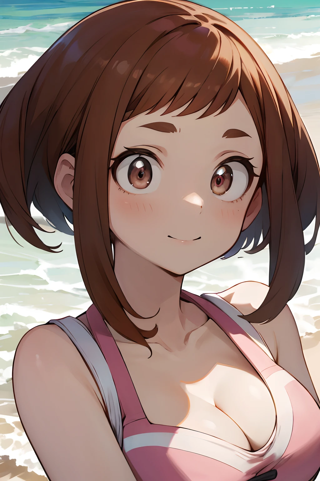 masterpiece, best quality, highres, ochako uraraka, solo, ((portrait)), detiled eyes, big boobs, beach, ((cleavage)), bikini