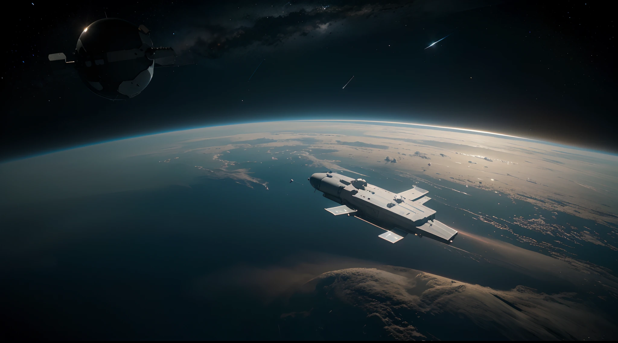 A novel spaceship is floating in outer space。The earth looks big shining in the background.。A strange still life never seen before the spaceship。, 35mm, f/2.8, UHD, retina, masterpiece, ccurate, super detail, high details, high quality, award winning, best quality, highres, HD, 4K