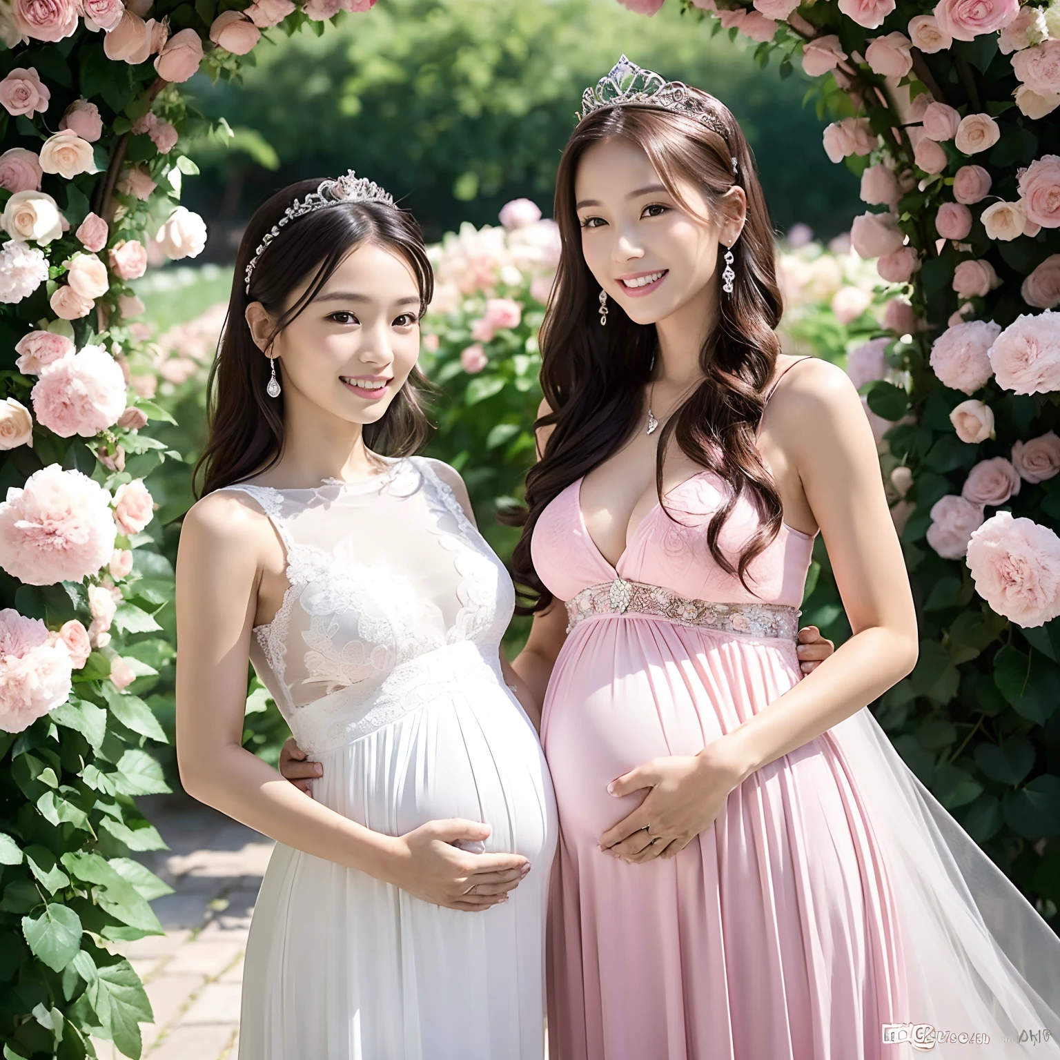 ((2 pregnant women,2 pregnant women in Japan,Japan pregnant 2 women,Pregnant,Two pregnant women,Pregnant women,Pregnancy,Japan pregnant women,Big belly,Very big belly,Two women are a parent and child,Mother and daughter,mother daughter,Pregnant mother and pregnant daughter,One is a petite and short cute girl about 14 years old.,The other is a beautiful mother who is about 35 years old.)),(Smile here,View here,It's the perfect camera gaze),(finerly detailed face,Lifelike face,Fine teeth,Clean teeth,White teeth,perfect teeth,A slight smil),beautiful tiara,Tiara tiara and jewelry,Sparkling tiara,8K、hightquality、The best images、beautiful image、flower gardens、(Flower Tunnel,Arch of roses,Flower Arch,A large amount of roses,surrounded by flower,a large amount of flowers,Pink and white roses,numerous roses,Pink roses,white roses,Bride surrounded by flowers)、bride、A slight smil、wedding dress、Fantastical