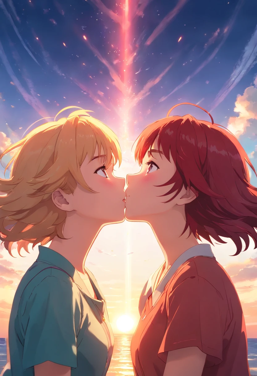masterpiece, best quality, movie still, 2 girls. a red haired woman with red eyes is kissing a blonde haired woman with teal eyes, floating in the sky, close-up, bright, happy, warm soft lighting, sunset, (sparks:0.7)