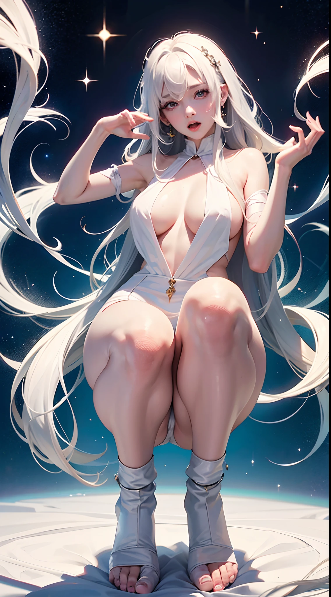 White silk pantyhose,open open mouth,spread their legs,Cute nose,cute and beautiful girl,The legs are relatively long,The chest is relatively large,Naked,You can see it below,Face me below,The eyes are relatively large,Good facial features,Long hair,The eyeballs are relatively large,sparkle in eyes,Tender feet,The nose is relatively large,White color hair,Hands up,Feet sticking out,dual horsetail,Sweat all over the body,Squat horse step,16K resolution