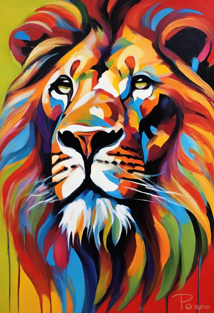 Fierce lion face painting,,Thick oil art,On a colorful background, abstracted , Abstract portrait, Stylized face, pop art painting, Dripping paint,Expressive detail face, Expressive, inspired by Picasso, pop art painting, Beautiful expressive painting, in the Picasso style, cubism style