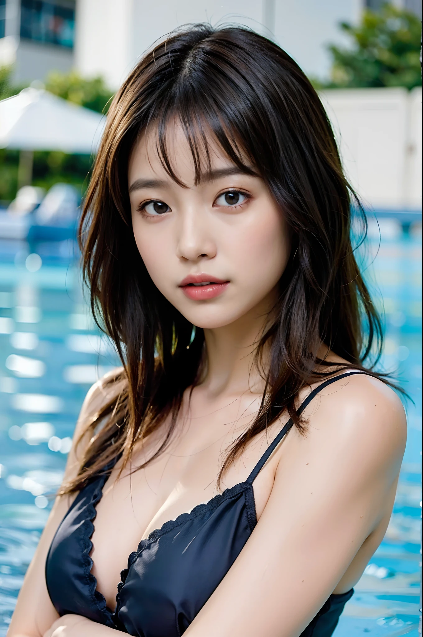 ((top-quality、8K、​masterpiece:1.3))、a beauty girl、1 female、爆乳:1.3、Slender body type:1.1、Toned abs、Happy smiling face、dark brown hair、(swimming pools、swim wears:1.1)、hyperdetailed face、Detailed lips、A detailed eye、二重まぶた、dynamicposes、full body Esbian