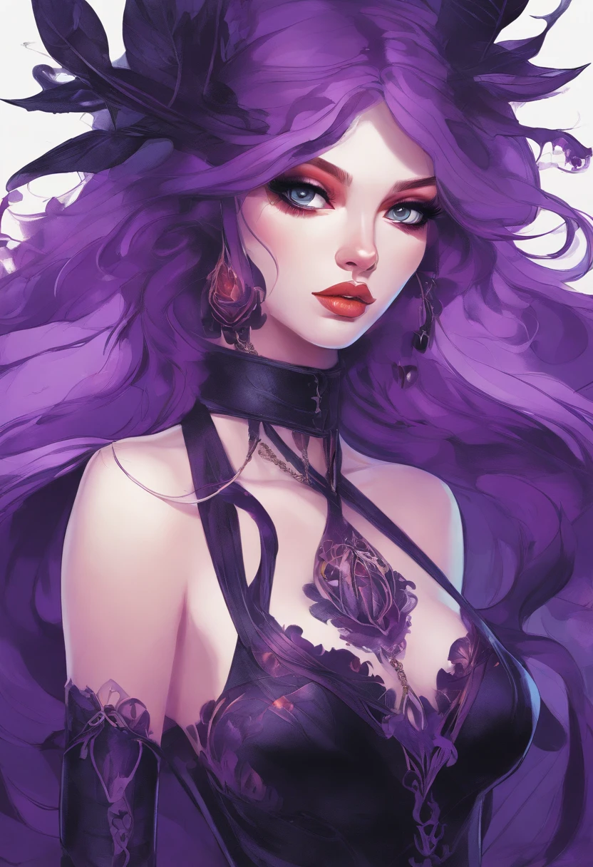 A close-up of a woman in a costume with purple hair and bright purple eyes, calabazas verdes brillantes, Lois van Baarle y Rossdrew, Artgerm y Lois van Baarle, Artgerm y Rossdrew, RossDrew Cartoon Vibrante, Beautiful succubus, Estilo Ross Tran, RossDrawS 2. 5, inspirado por Ross Tran, Estilo de arte de Halloween, Artgerm extremadamente detallado