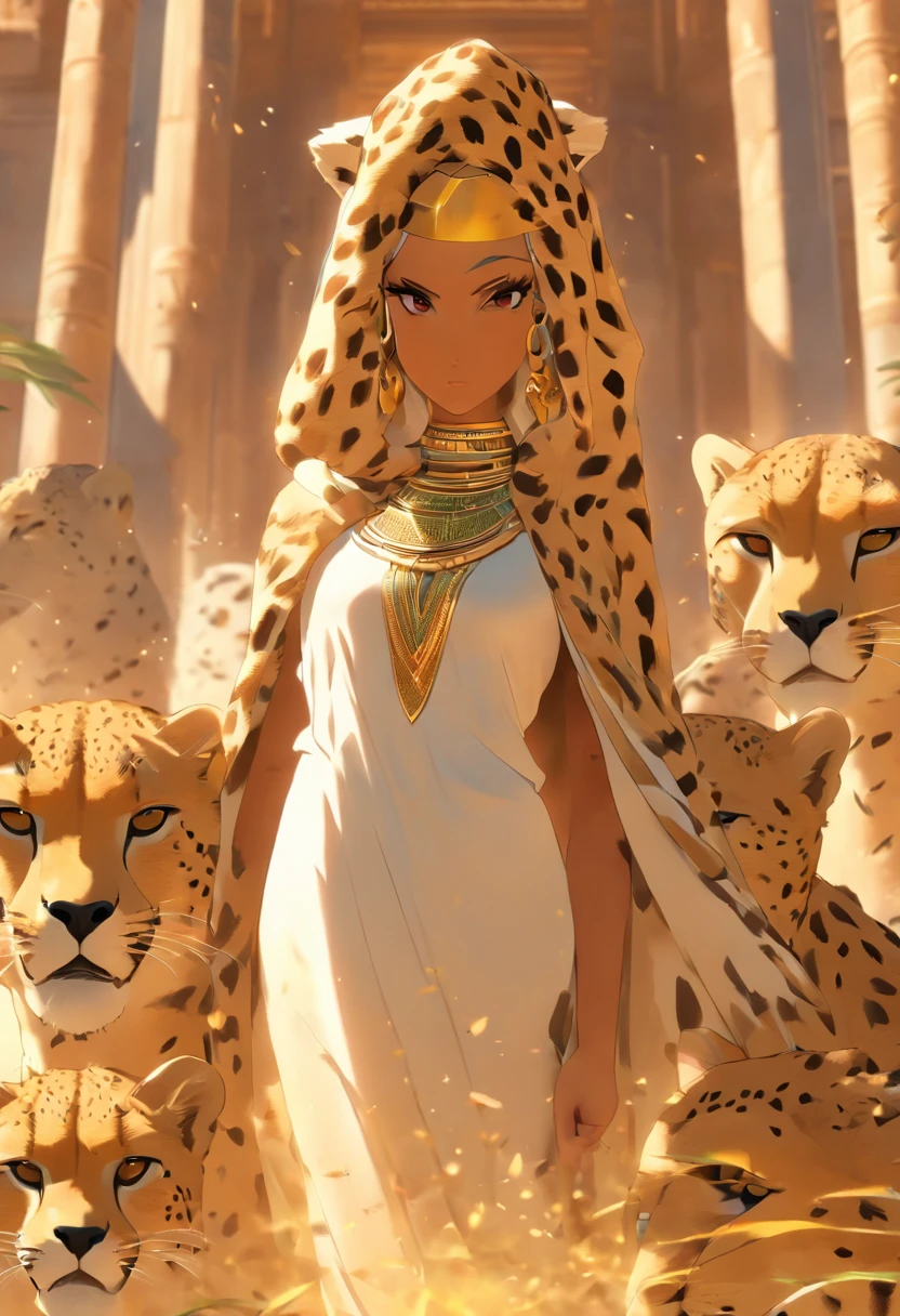 (((woman with cheetah head))) best quality, very high resolution, 4K detailed CG, masterpiece, Egyptian mythology,Mafdet,Cheetah Goddess,Egyptian tomb, Ancient Egypt, standing pose, white clothes, Egyptian clothes , Egyptian temple, desert, Ancient Egypt , ((cheetah head, woman's body)), Egyptian palace, aesthetics, beautiful image, centered on screen, standing pose