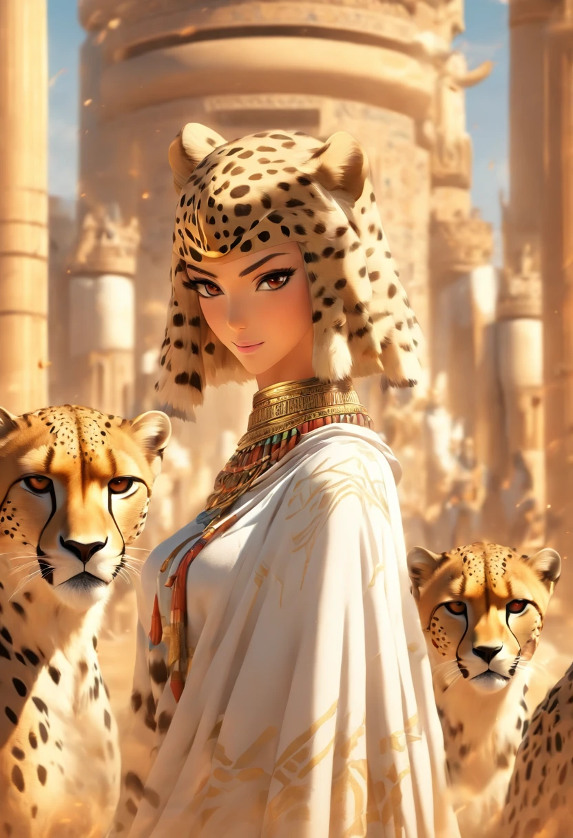 (((woman with cheetah head))) best quality, very high resolution, 4K detailed CG, masterpiece, Egyptian mythology,Mafdet,Cheetah Goddess,Egyptian tomb, Ancient Egypt, standing pose, white clothes, Egyptian clothes , Egyptian temple, desert, Ancient Egypt , ((cheetah head, woman's body)), Egyptian palace, aesthetics, beautiful image, centered on screen, standing pose