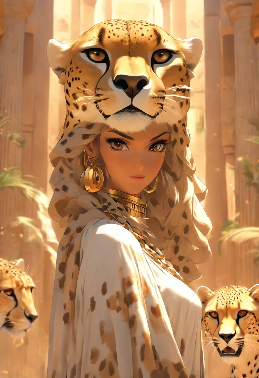 (((woman with cheetah head))) best quality, very high resolution, 4K detailed CG, masterpiece, Egyptian mythology,Mafdet,Cheetah Goddess,Egyptian tomb, Ancient Egypt, standing pose, white clothes, Egyptian clothes , Egyptian temple, desert, Ancient Egypt , ((cheetah head, woman's body)), Egyptian palace, aesthetics, beautiful image, centered on screen, standing pose