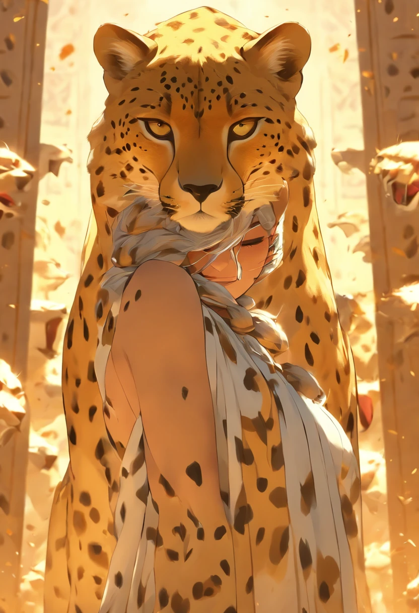 (((woman with cheetah head))) best quality, very high resolution, 4K detailed CG, masterpiece, Egyptian mythology,Mafdet,Cheetah Goddess,Egyptian tomb, Ancient Egypt, standing pose, white clothes, Egyptian clothes , Egyptian temple, desert, Ancient Egypt , ((cheetah head, woman's body)), Egyptian palace, aesthetics, beautiful image, centered on screen, standing pose