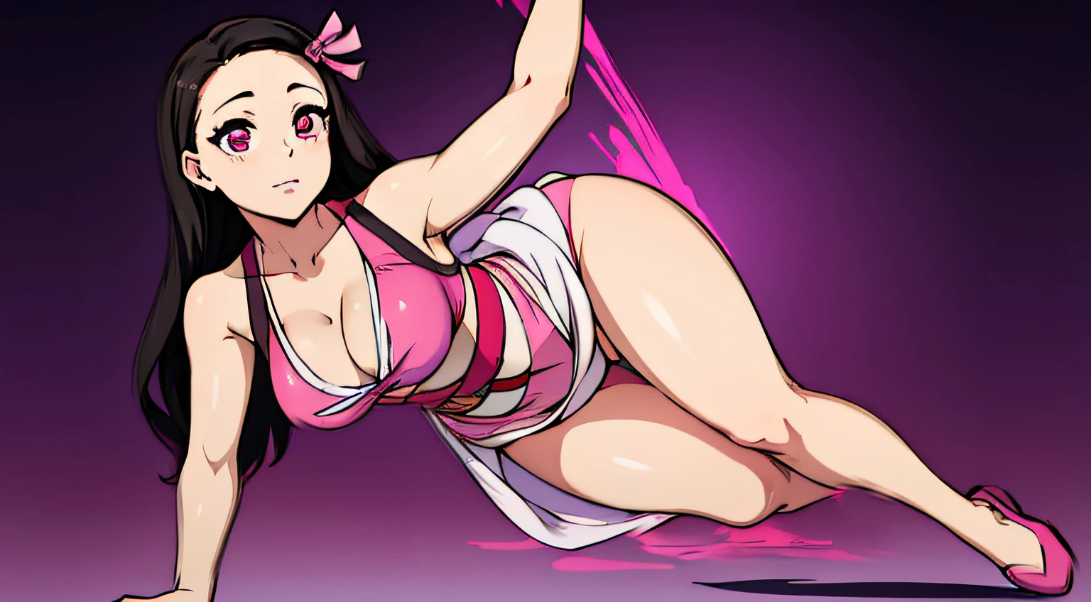Nezuko as an adult, she is a beautiful young woman, she is in her regular outfit, she has a sexually aroused look on face, her full body is in the image, her eyes are glowing pink