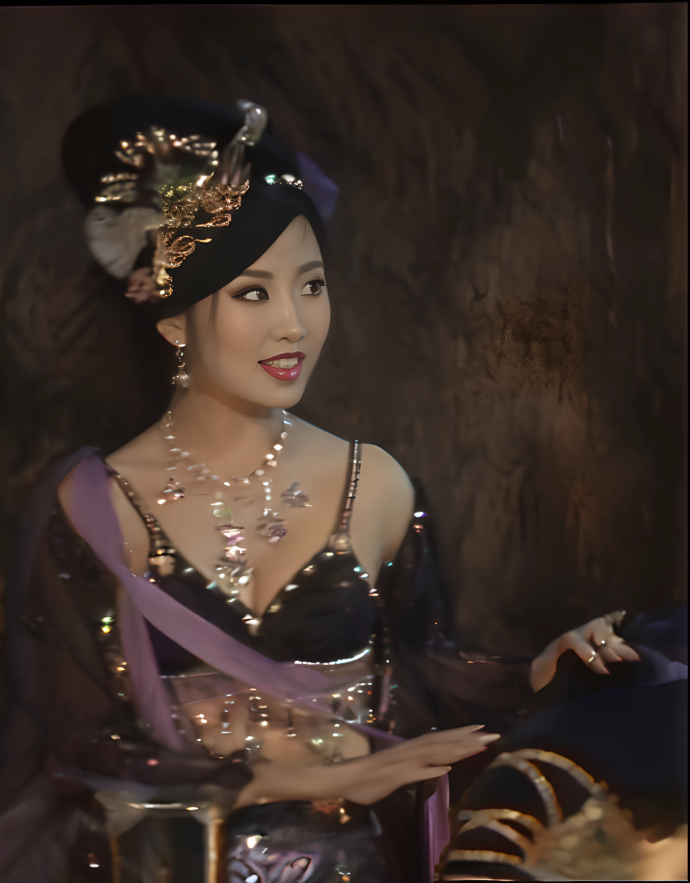 Enchanting witch succubus,Big chest, Slim waist,cropped shoulders,Green waist,Bare chest,heavy makeups,Extra-long nails,Wearing a belly dancing bikini,Enchanting and seductive,The expression is flattering,There are purple streamers on the body,Seduce men。
