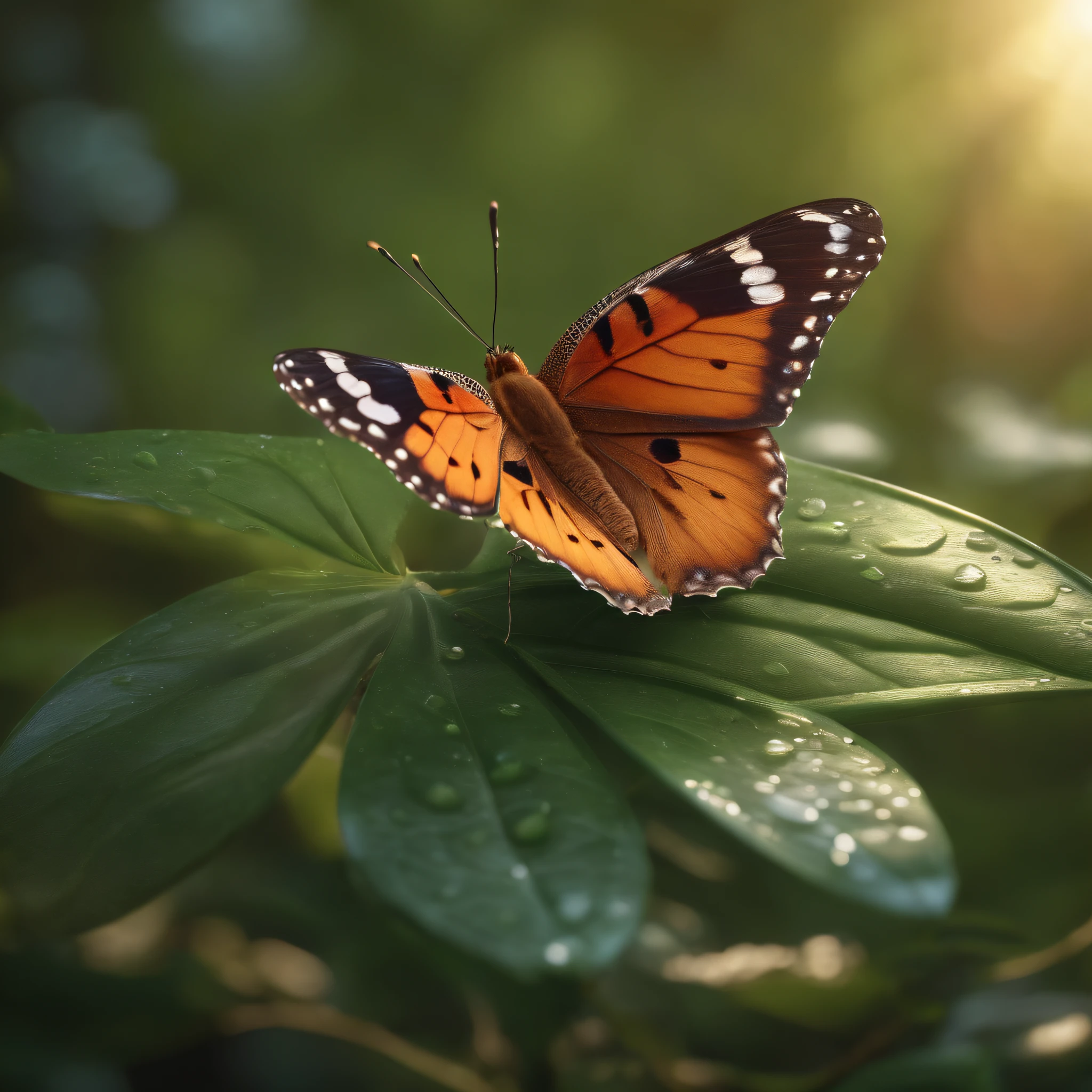 An butterfly lying on a leaf,There is dew on the edges of the leaves,magic hour,photorealistic cinematic render, Cinematic 3D rendering, realistic cgi render, Depicted as a 3D rendering