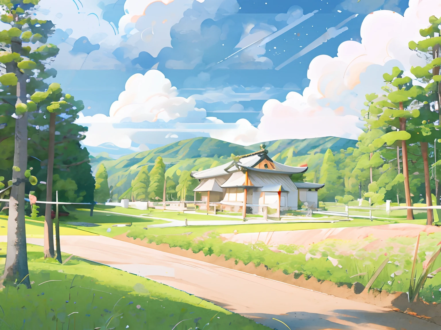 (Japanese landscape), (Hayao Miyazaki Style), cartoon, modern countryside, roads, curves, low houses, trees, poles, white clouds, calm landscape, outdoor, green trees, epic composition, realistic lighting, high definition detail, masterpiece, best quality, (very detailed CG unified 8k wallpaper), clay texture, clean background, natural light, best quality, ultra detail, 3d art,  C4D, OC Renderer, 3D Rendering, 8K