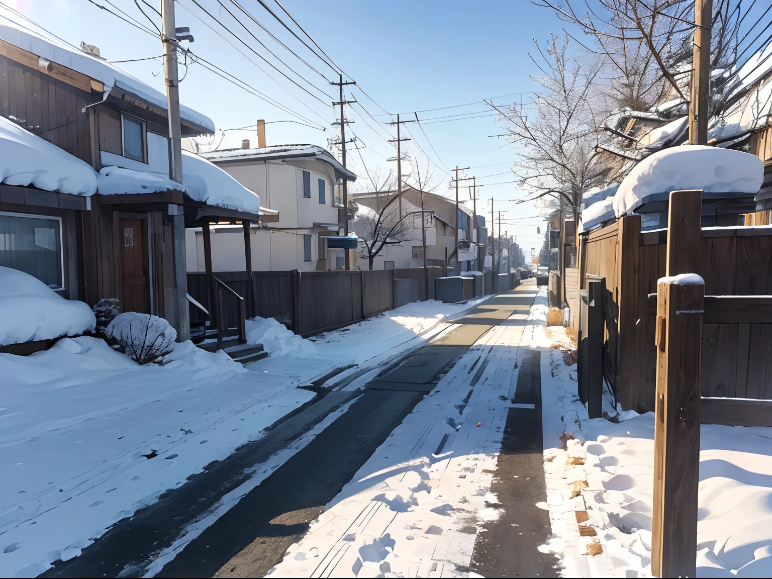 Snowy landscape, accumulated snow, morning, roadway and sidewalk, school atop a hill, ((snowing)), footprints, morning, morning sun, visible breath, bus, bus stop, (traffic light), Single-shoulder, ((side walk POV)), ((long stretching wooden fence on right side of sidewalk))