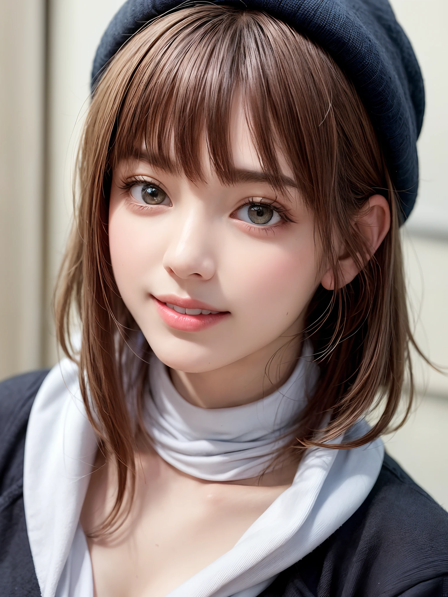 (masterpiece, top-quality、Very attractive adult beauty、Add intense highlights to the eyes、Look firmly at the camera),1girl in, 独奏, A dark-haired, scarf, Hats,, realisitic, looking at the viewers, black eyes of light color, shorth hair, coat, Winter clothes, White headscarf, s lips, lipgloss,bangss, The upper part of the body、big eye、Lashes)、((Road system in Italy))、((Shorthair with bangs、big eye、Put very strong highlights in your students、very Bigger breasts、gazing at viewer、Very beautiful beauty、Put your ears out、long neck、little smiling、Beautiful teeth、Open your mouth and smile))、28 year old、Very cute supermodel
