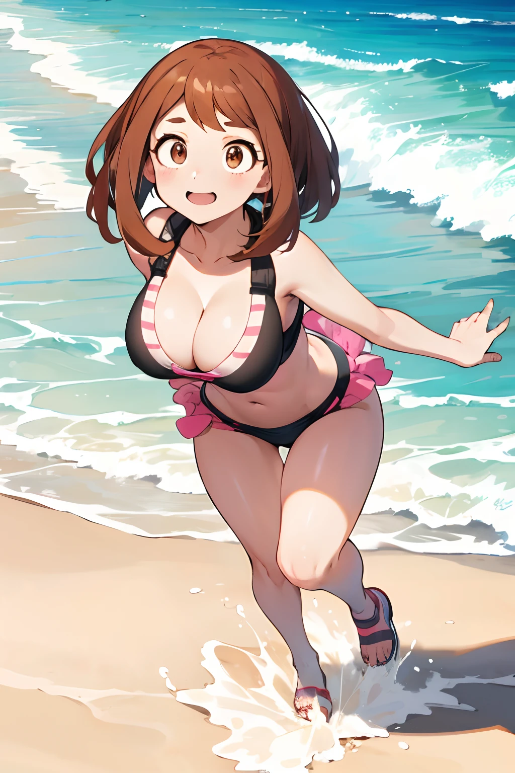 masterpiece, best quality, highres, ochako uraraka, solo, ((full body)), detiled eyes, big boobs, beach, ((cleavage)), bikini, ((leand forward))