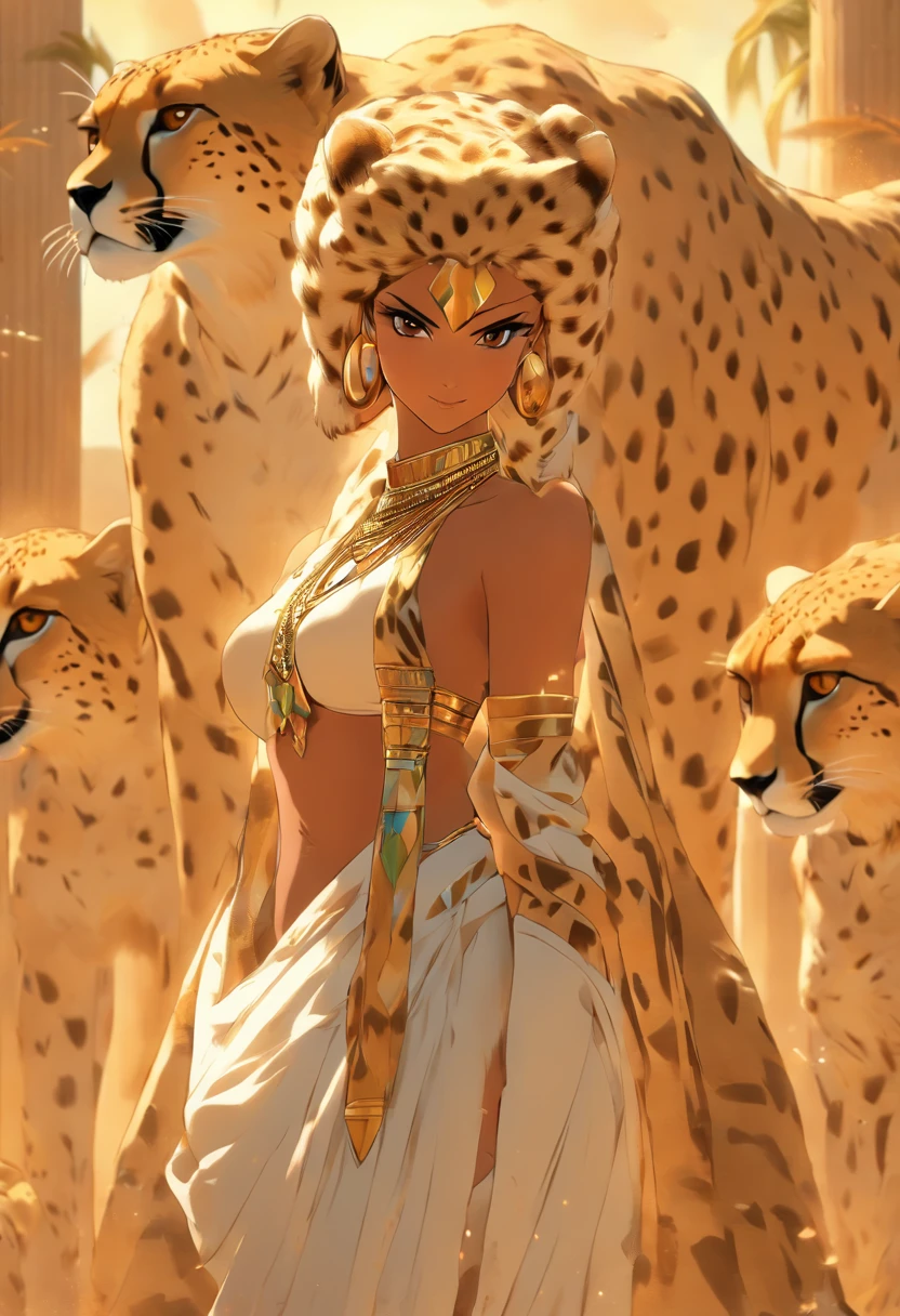 (((woman with cheetah head))) best quality, very high resolution, 4K detailed CG, masterpiece, Egyptian mythology,Mafdet,Cheetah Goddess,Egyptian tomb, Ancient Egypt, standing pose, white clothes, Egyptian clothes , Egyptian temple, desert, Ancient Egypt , ((woman's body)), Egyptian palace, aesthetics, beautiful image, centered on screen, standing pose