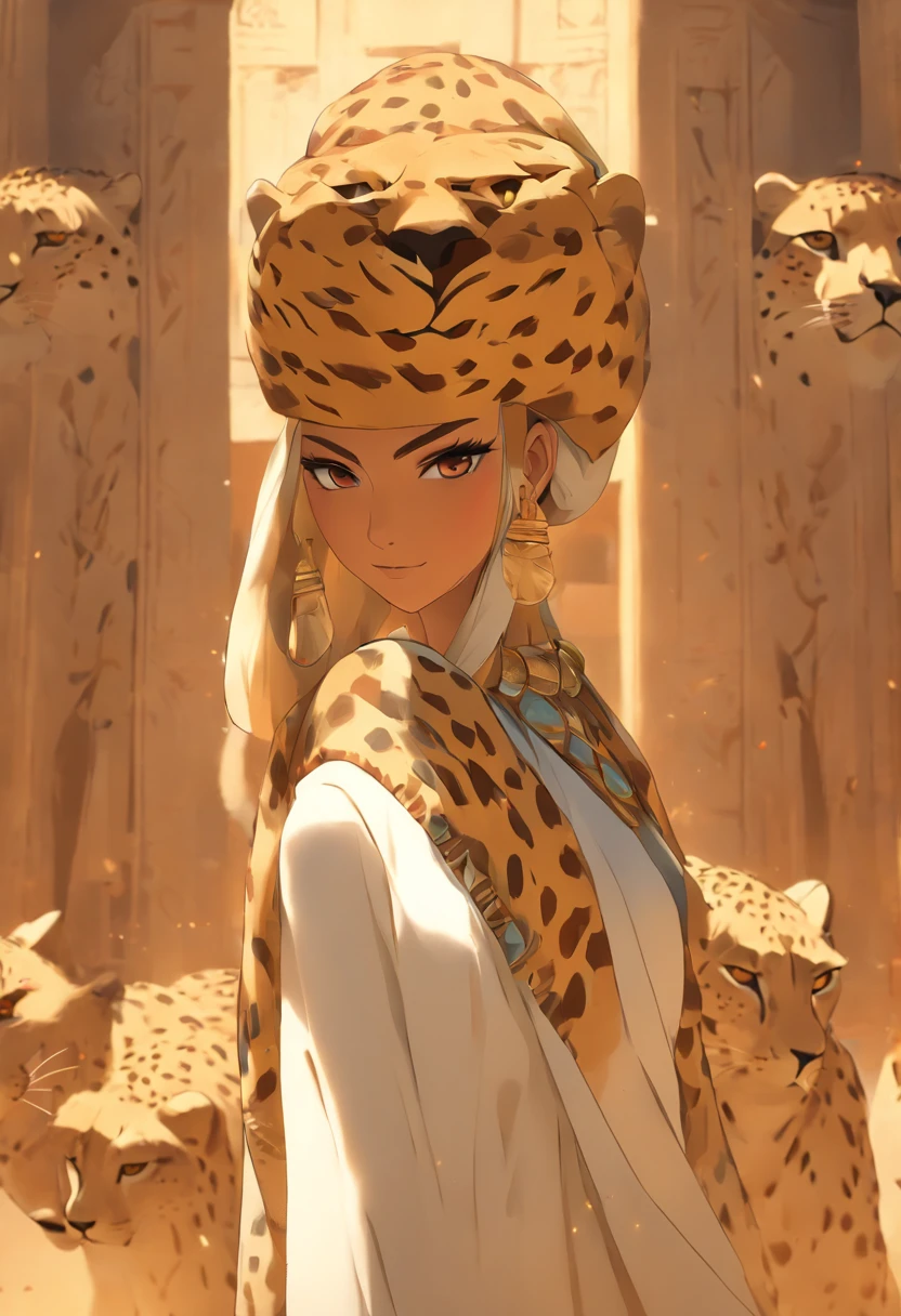 (((woman with cheetah head))) best quality, very high resolution, 4K detailed CG, masterpiece, Egyptian mythology,Mafdet,Cheetah Goddess,Egyptian tomb, Ancient Egypt, standing pose, white clothes, Egyptian clothes , Egyptian temple, desert, Ancient Egypt , ((woman's body)), Egyptian palace, aesthetics, beautiful image, centered on screen, standing pose