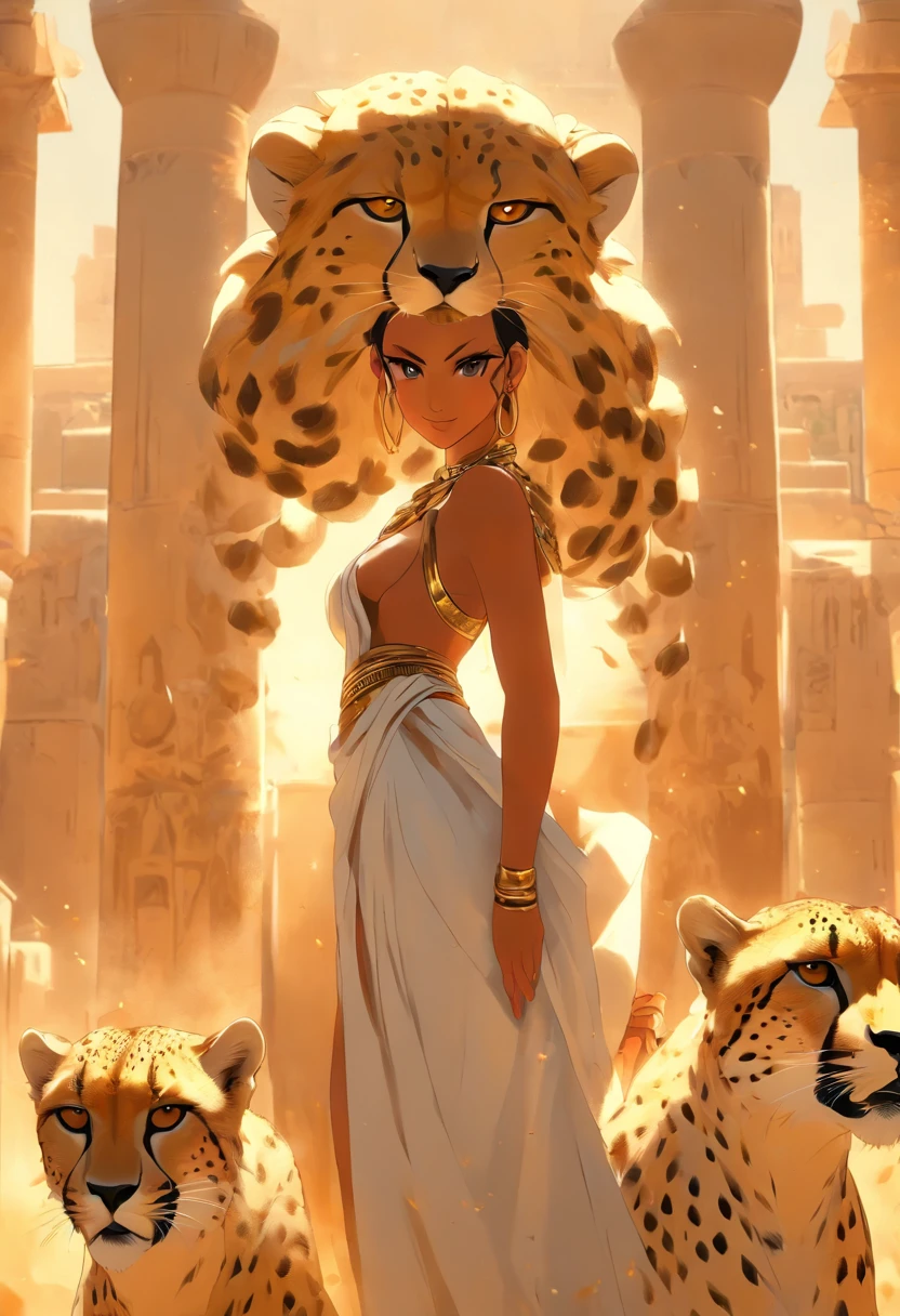 (((woman with cheetah head))) best quality, very high resolution, 4K detailed CG, masterpiece, Egyptian mythology,Mafdet,Cheetah Goddess,Egyptian tomb, Ancient Egypt, standing pose, white clothes, Egyptian clothes , Egyptian temple, desert, Ancient Egypt , ((woman's body)), Egyptian palace, aesthetics, beautiful image, centered on screen, standing pose