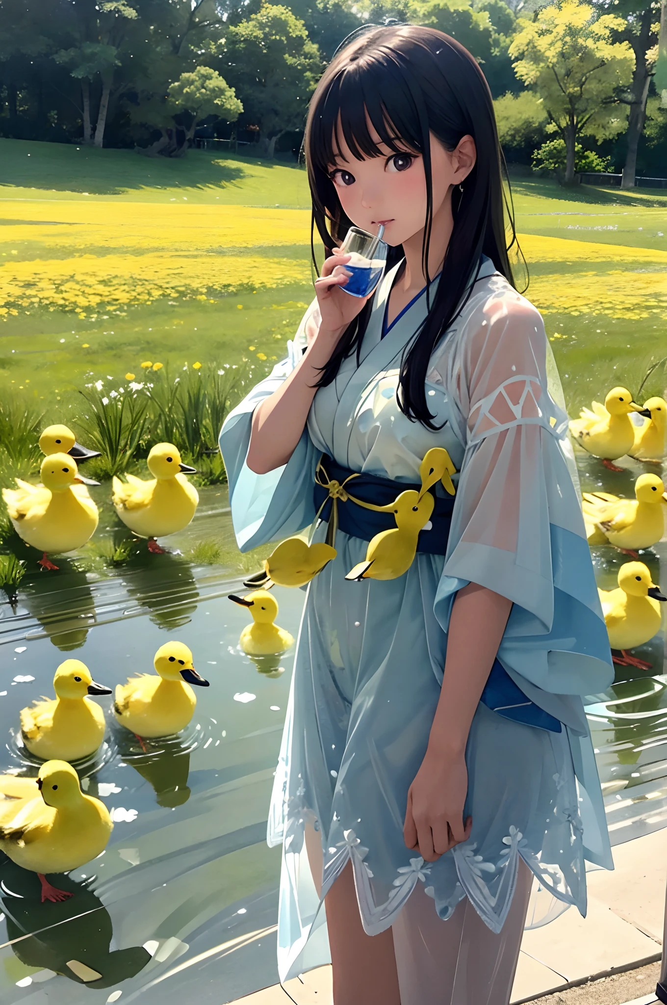 Araffe Japanese model, hyperrealistic,2girls,leering:1.5, drinking water in a glass with lots of ice next to yellow ducklings in a meadow,see-through costume,embroidery pattern,