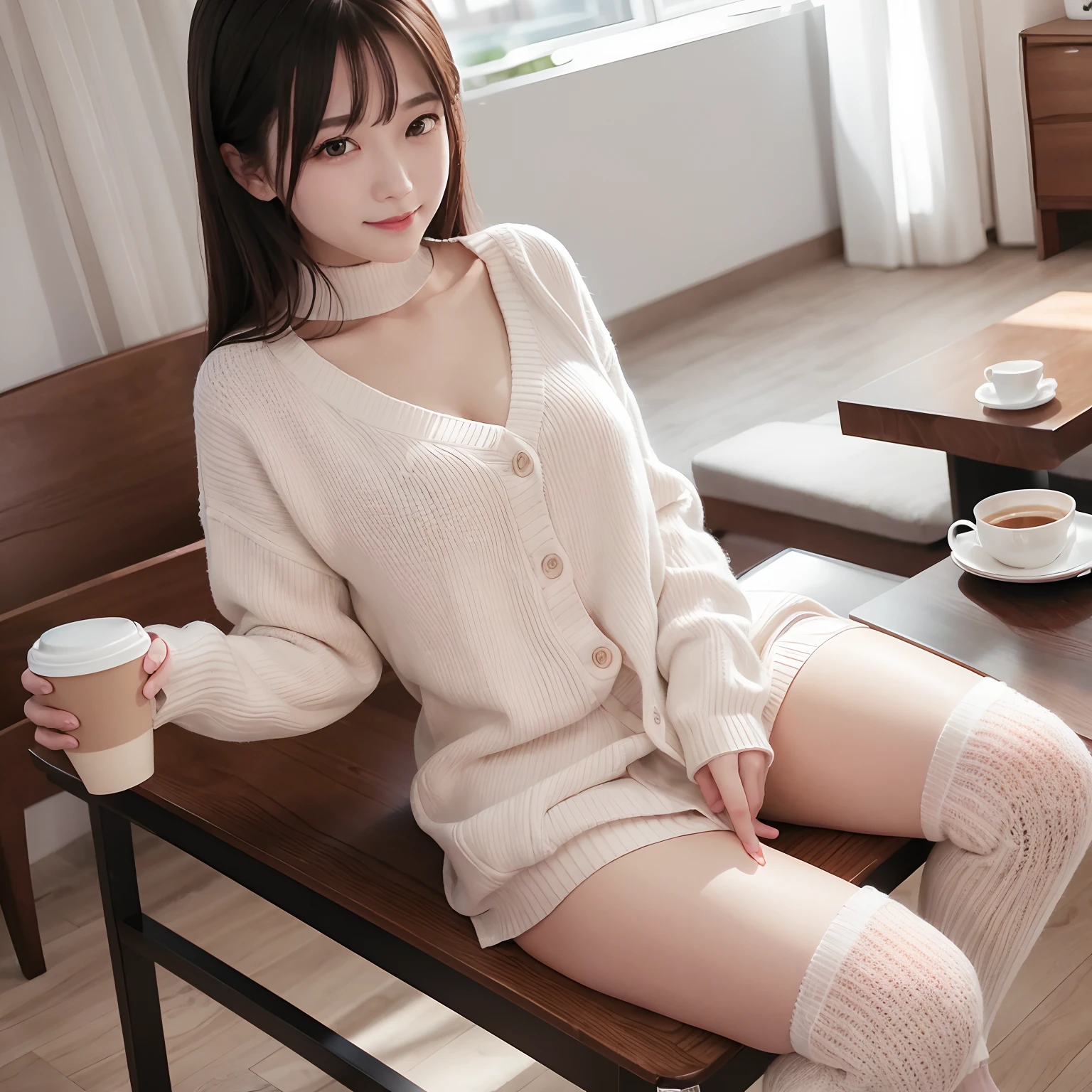 top-quality、Sweaters、One Woman、Coffee、A smile、The table、a miniskirt、Black panties、A sexy、knee high、White stockings、livingroom、Holding with both hands、Pink cardigan、an lingerie、frontage