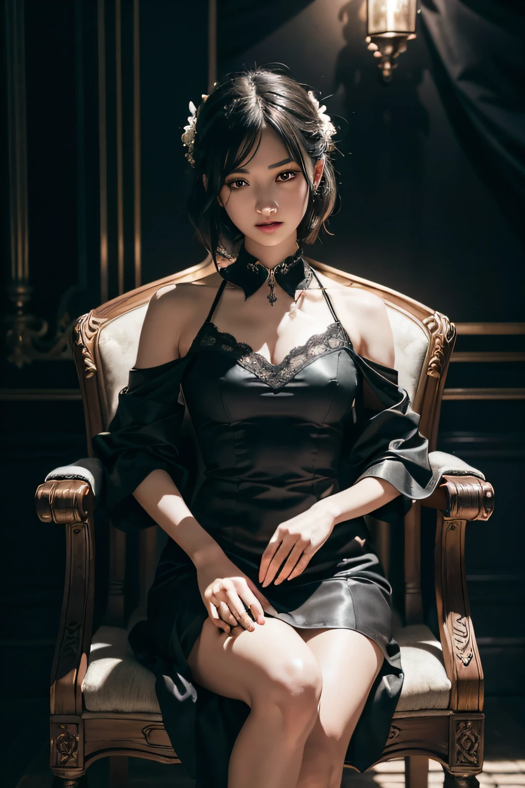 "1 girl（Delicate and detailed CG Unity 8k wallpaper，Masterpiece quality and stunning realism），（best illuminate，best shadow），（best qualtiy），（Elegance and demonic style：1.2），Sit elegantly in a beautifully carved chair，dressed in（Smooth white tuxedo：1.2），（piercing black eyes+with short black hair：0.8），The surroundings are ominous and dark atmosphere，Highlighted by dramatic and eye-catching lighting，Full of surreal fantasy"。