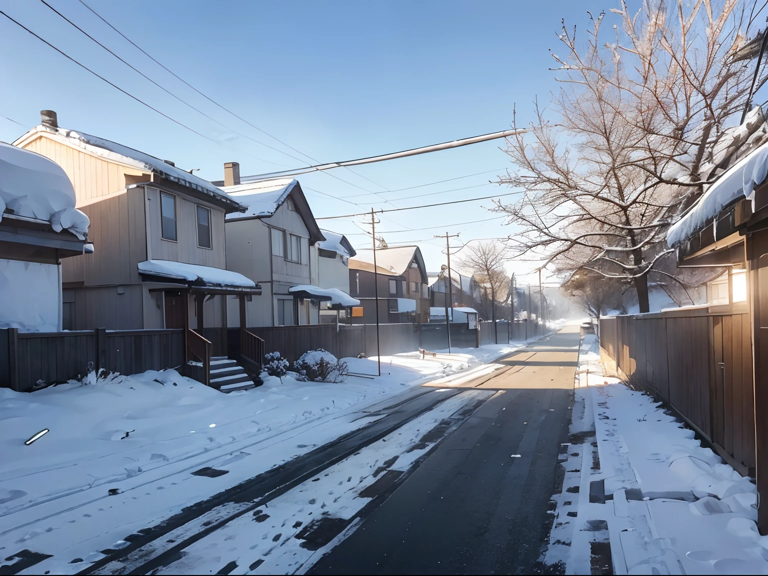 Snowy landscape, accumulated snow, morning, roadway and sidewalk, school atop a hill, ((((snowing)))), footprints, morning, morning sun, visible breath, bus, bus stop, (traffic light), Single-shoulder, ((side walk POV)), ((long stretching wooden fence on right side of sidewalk))