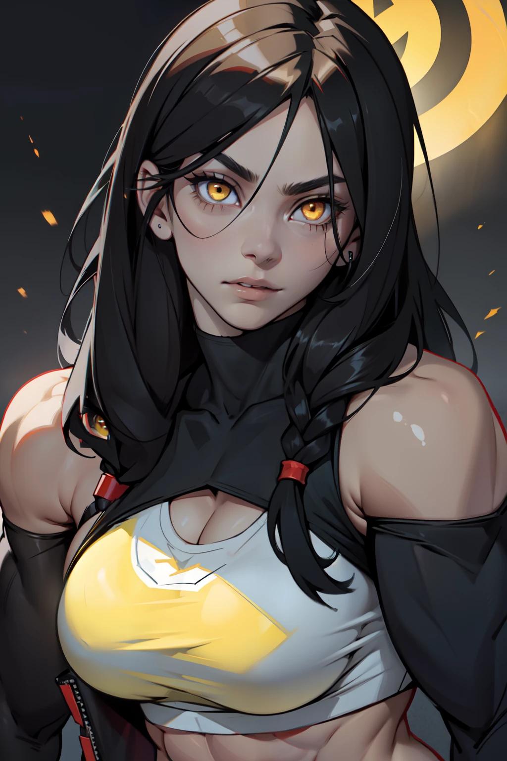 ((1girl bodybuilder)) pale skin black hair very long hair yellow eyes large breasts long midriff close up highly detailed eyes seductive expression glowing eyes