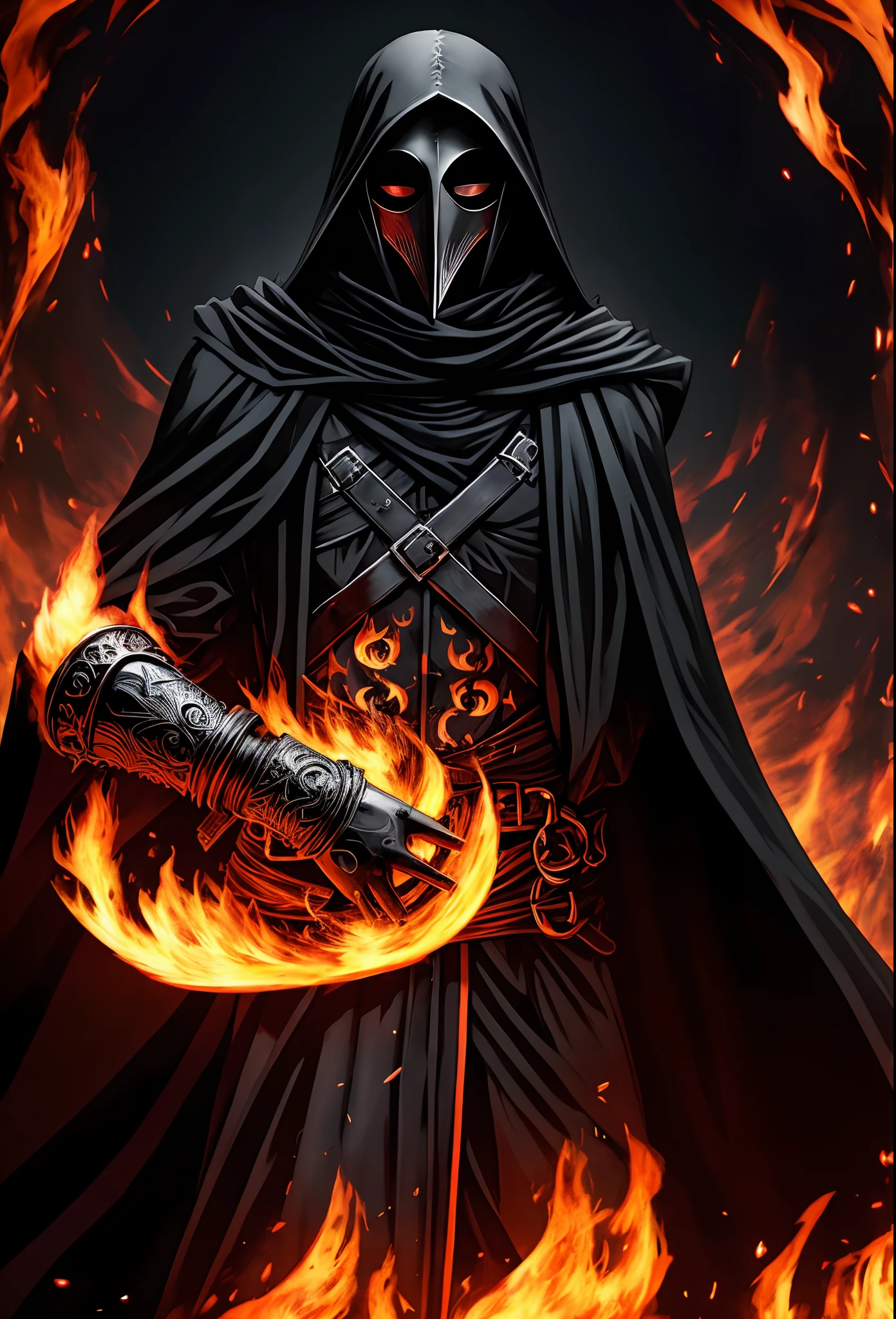Anime artstyle, wearing a black plague doctor outfit, surrounded by black flames,(black flames:1.2), wearing a plague doctor mask,upper body, extremely detailed, highest quality digital art, highest resolution, absolutely stunning art,