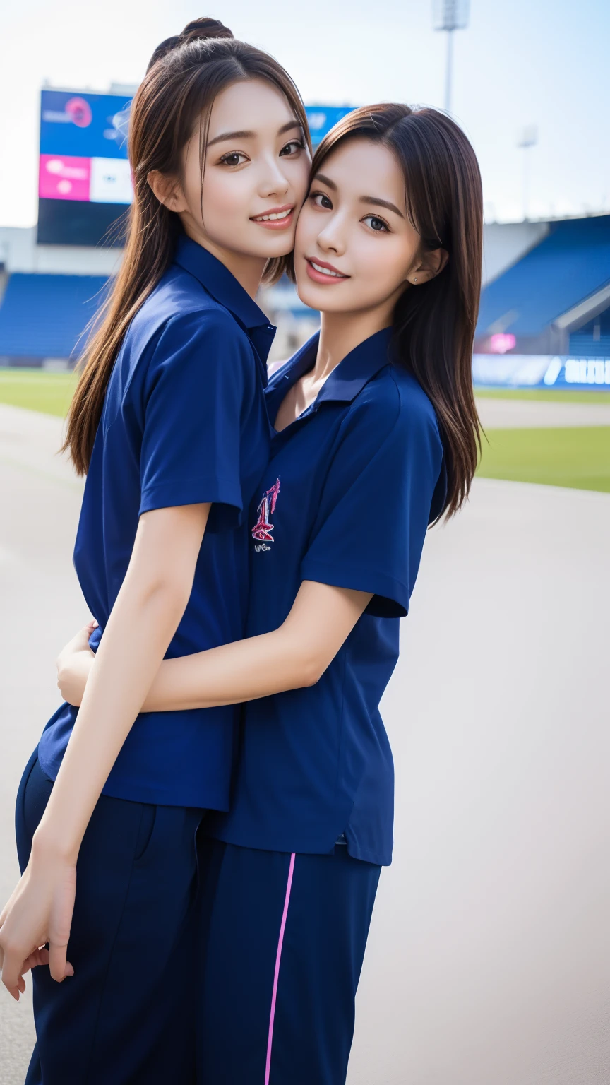 (bestquality,10,10,highres,masterpiece:1.2),ultra-detail,(Realistic,photorealistic portrait,photo-realistic:1.37),1 Cute girl in the football field,oily shiny skin,bara,light smile,BDclothes,((blue shirt:1.3)),short sleeves,Shirt, trousers.,(navy_long_Pants Track:1.1), ((Stadium Background:1.3)),dynamic angle,excited,face focus,Dynamic Poses,from behide,Ass Focus,masterpiece, bestquality, ultra realistic, hyper-detail, 8k resolution, RAW photo, crisp focus, ((Navy blue shirt:1.1)), short sleeves, Long Path, Perfect body, 2 mature women, 18yo, cinematic light,Blue sweatpants,Gymware,Correct anatomy,Complete body, Correct body, sharp face, Anatomically correct body, full entire body, Realistic gestures, long-haired, Realistic poses,Wear long shorts..,Long leg span,Shapely,Sculpting Girl, 2 girls kissing each other, Realistic kissing, Slim figure, mannequin mannequins