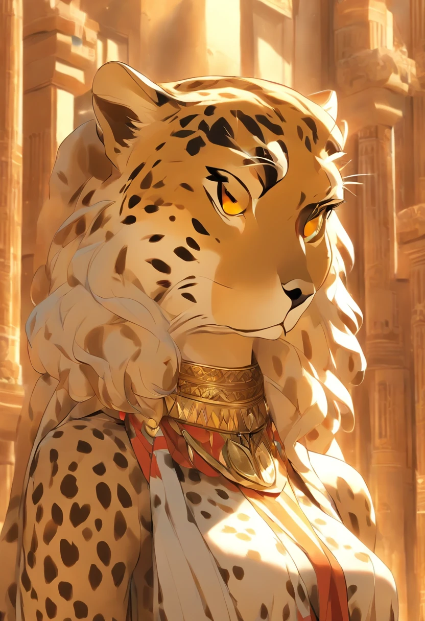 (((cheetah head))) best quality, very high resolution, 4K detailed CG, masterpiece, Egyptian mythology,Mafdet,woman,Egyptian tomb, Ancient Egypt, standing pose, white clothes, Egyptian clothes, Egyptian temple , desert, Ancient Egypt , ((cheetah head)), Egyptian palace, aesthetics, beautiful image, centered on screen, standing pose