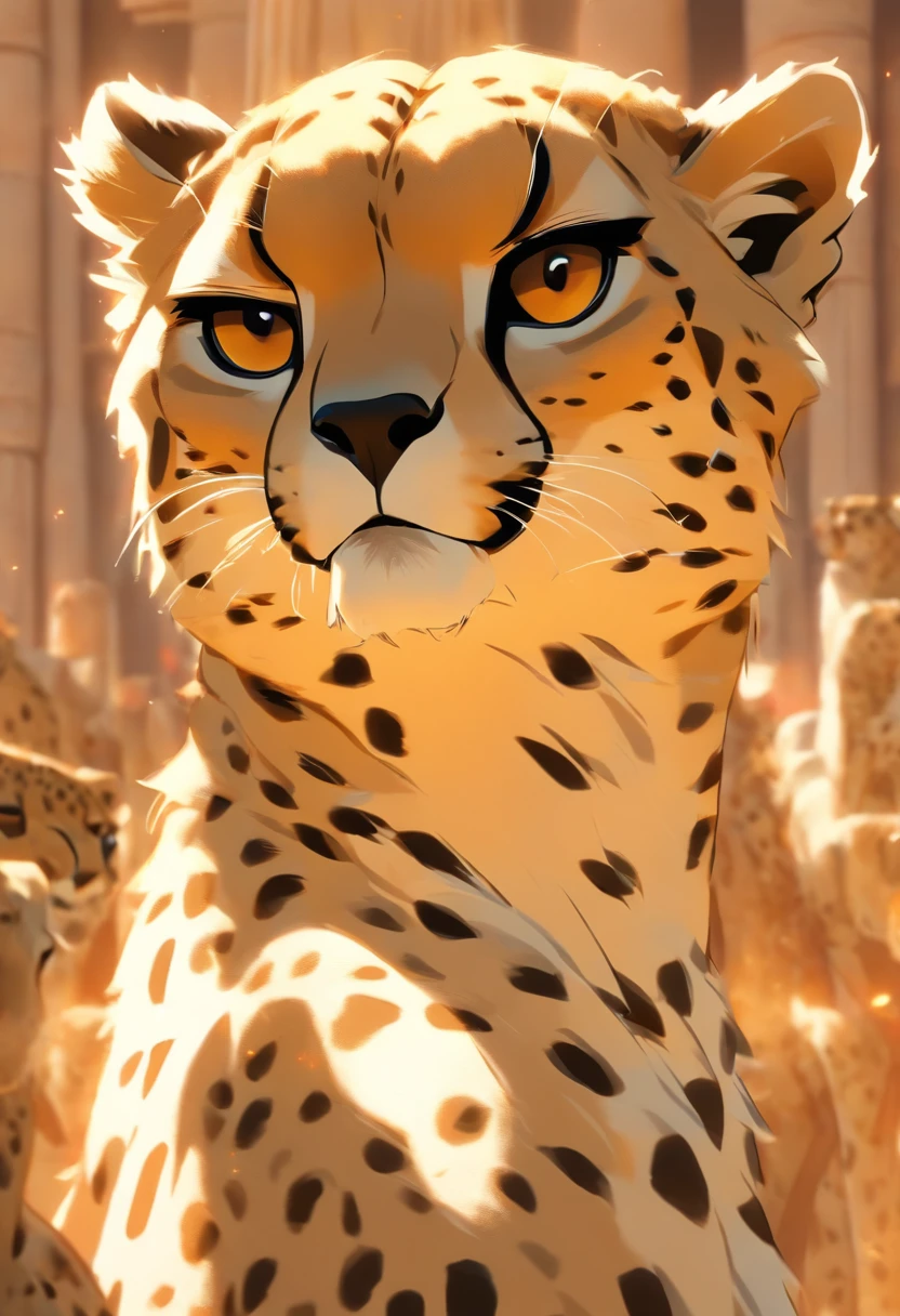 (((cheetah head))) best quality, very high resolution, 4K detailed CG, masterpiece, Egyptian mythology,Mafdet,woman,Egyptian tomb, Ancient Egypt, standing pose, white clothes, Egyptian clothes, Egyptian temple , desert, Ancient Egypt , ((cheetah head)), Egyptian palace, aesthetics, beautiful image, centered on screen, standing pose