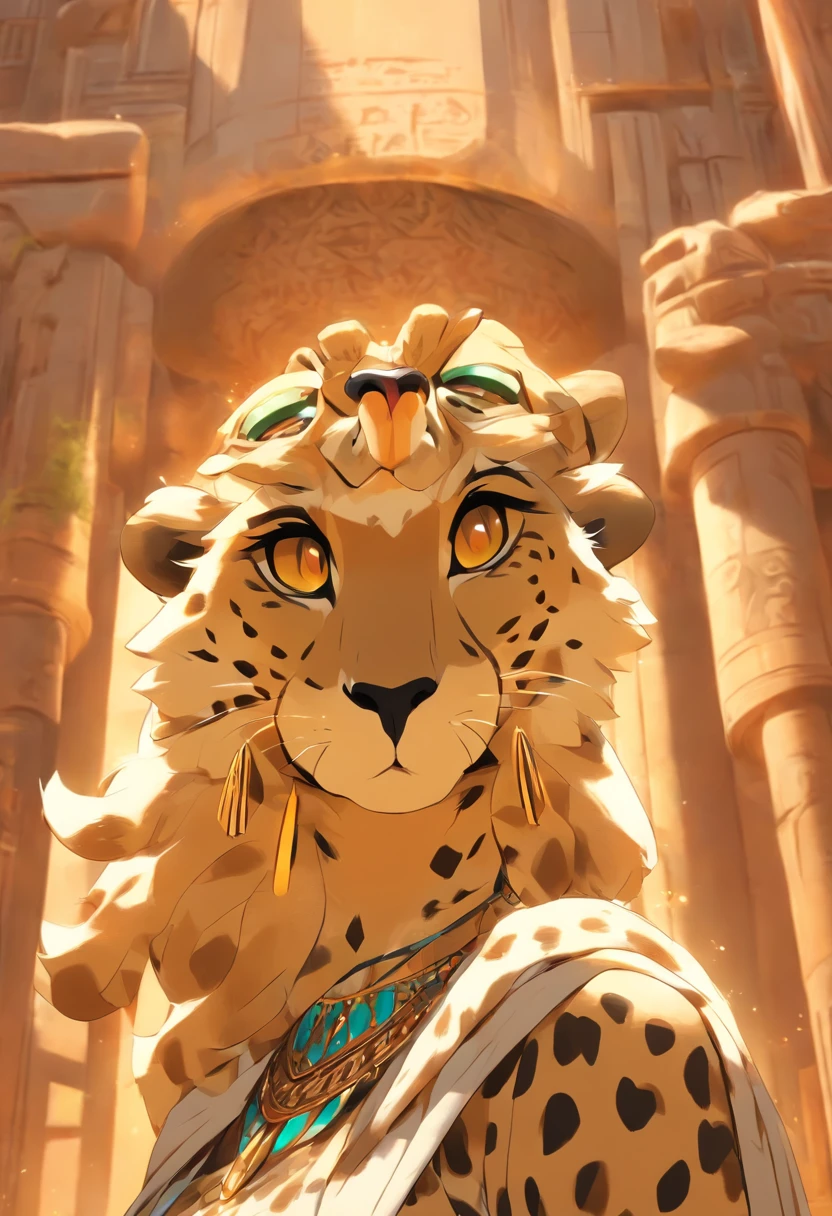 (((cheetah head))) best quality, very high resolution, 4K detailed CG, masterpiece, Egyptian mythology,Mafdet,woman,Egyptian tomb, Ancient Egypt, standing pose, white clothes, Egyptian clothes, Egyptian temple , desert, Ancient Egypt , ((cheetah head)), Egyptian palace, aesthetics, beautiful image, centered on screen, standing pose