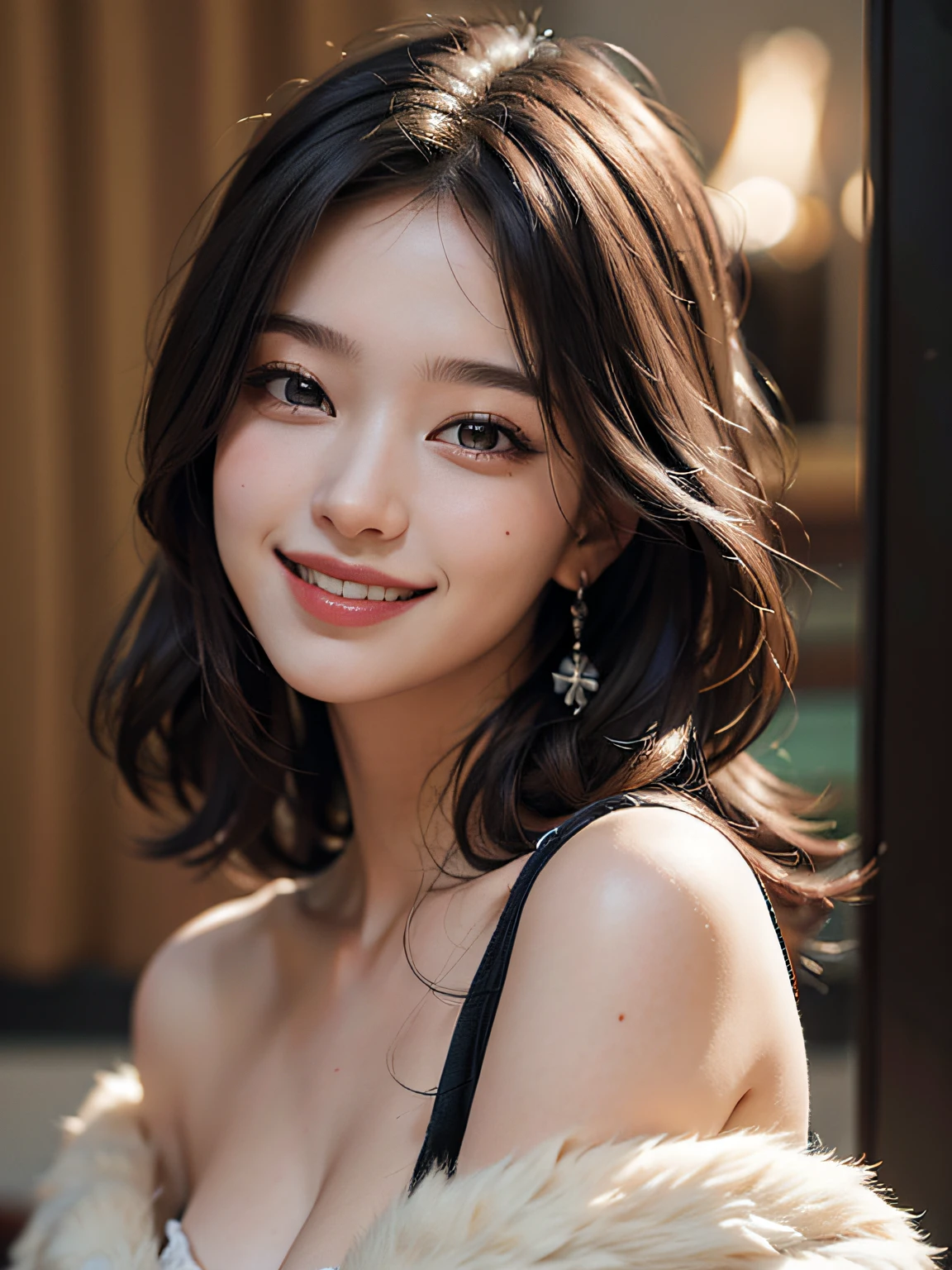 best quality, masterpiece, ultra high res, photorealistic, 1girl, offshoulder, smile