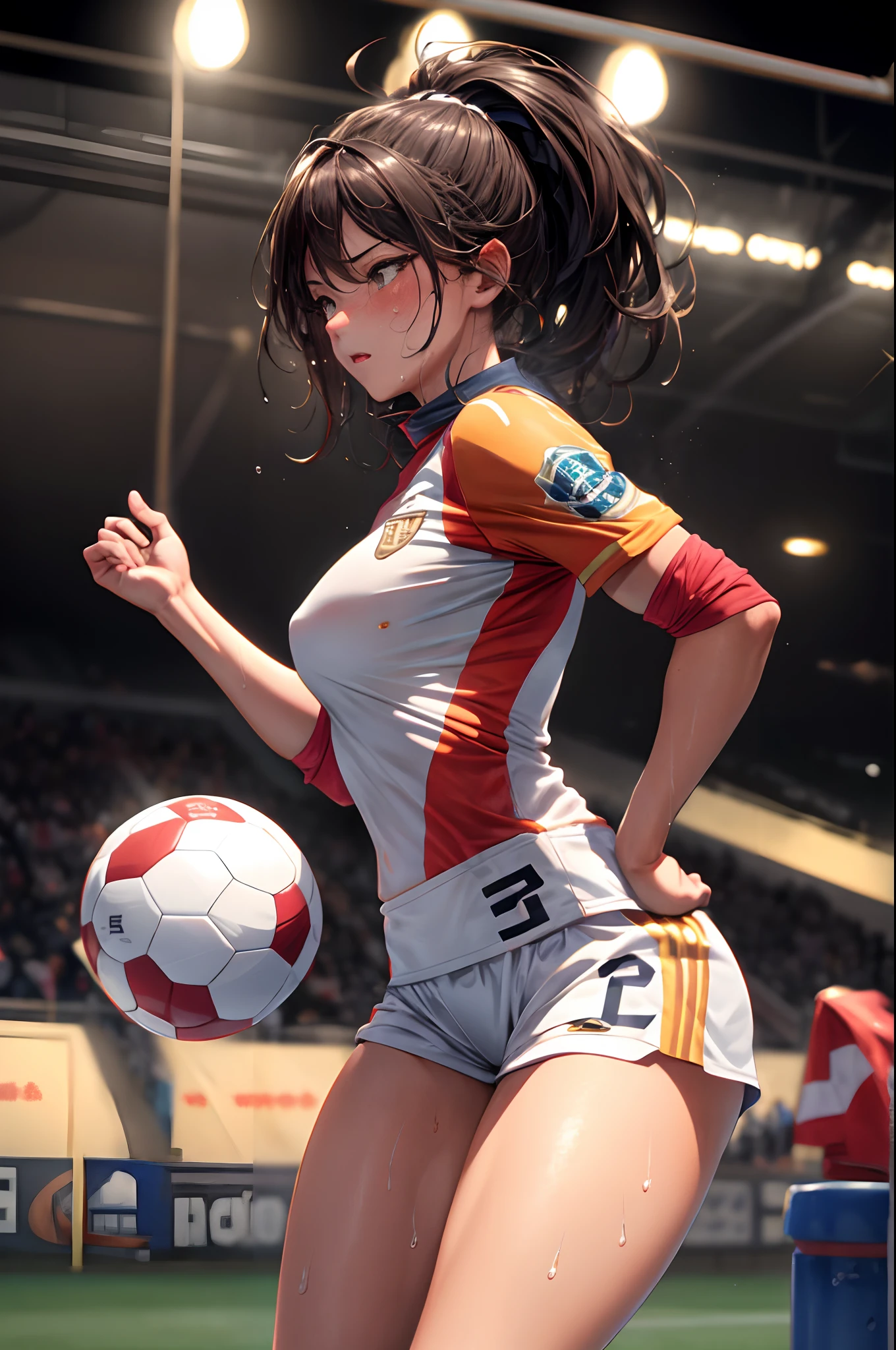 (Best Quality,8K,hight resolution,masuter piece:1.2),Ultra-detailed,Realistic:1.37,Portrait,Dynamic Angle,(Women's Soccer Players) , girl,small head,Cute,Sporty,Charming face,Detailed beauty face,Very realistic skin,Wet skin,Sweat,Large breasts,nice legs ,Sporty,Football/Soccer Competition Venues ,Cinematic lighting,