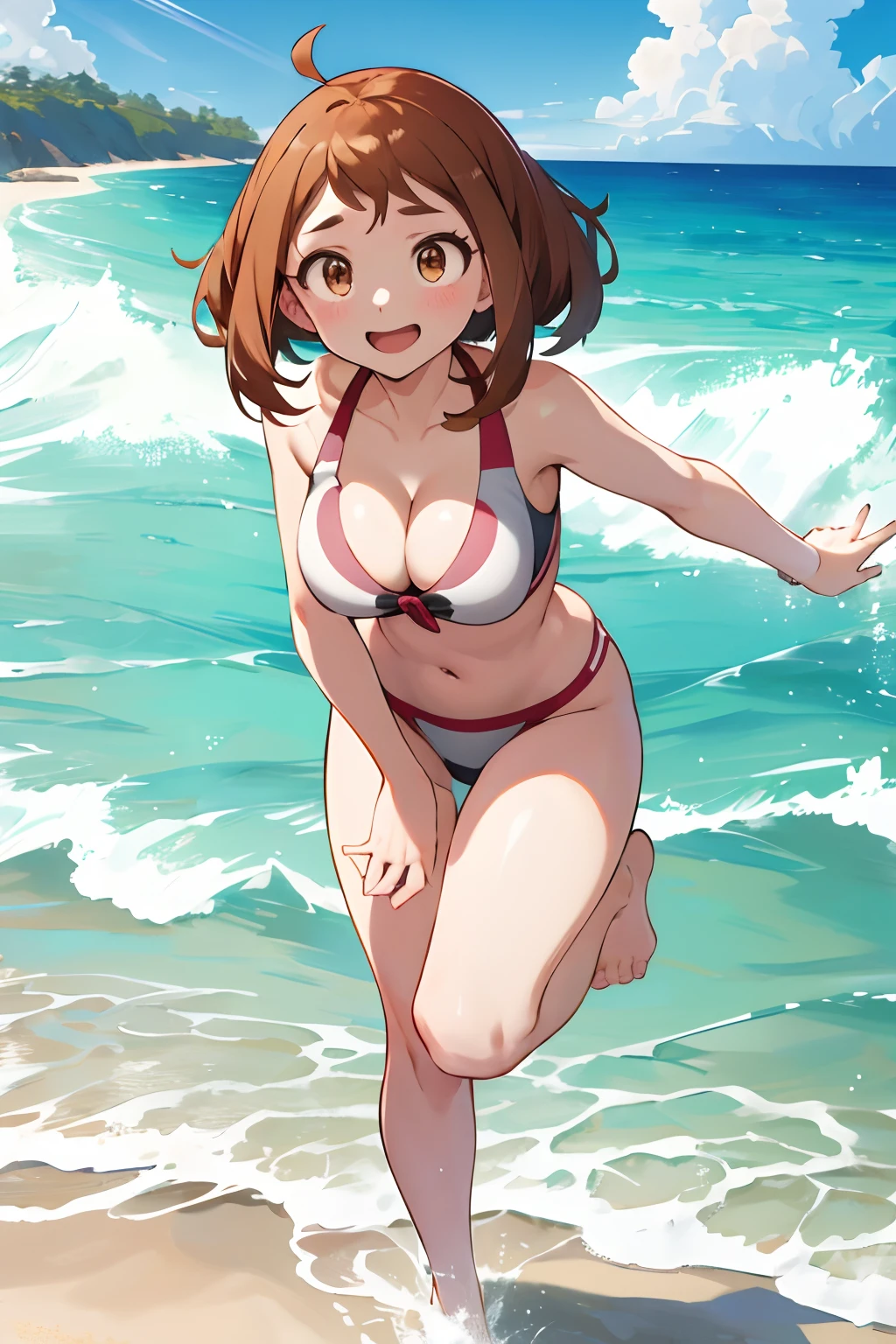 masterpiece, best quality, highres, ochako uraraka, solo, ((full body)), detiled eyes, big boobs, beach, ((cleavage)), bikini, ((leand forward))