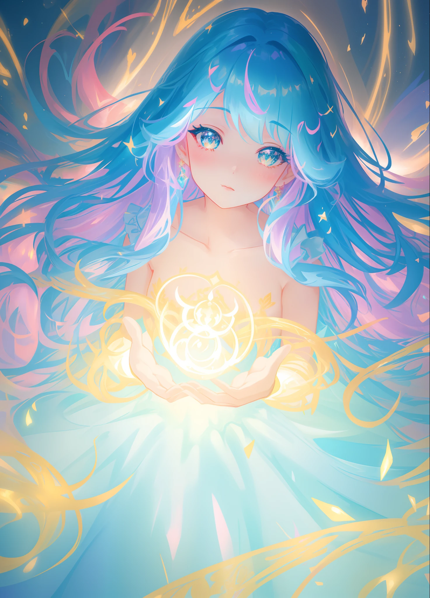 beautiful girl, puffy tiered layered ballgown, magical forest, vibrant pastel colors, (colorful), glowing golden long hair, magical lights, sparkling magical liquid, inspired by Glen Keane, inspired by Lois van Baarle, disney art style, by Lois van Baarle, glowing aura around her, by Glen Keane, jen bartel, glowing lights! digital painting, flowing glowing hair, glowing flowing hair, beautiful digital illustration, fantasia background, whimsical, magical, fantasy, ((beautiful face)), ((masterpiece, best quality)), intricate details, highly detailed, sharp focus, 8k resolution, sparkling detailed eyes, liquid watercolor