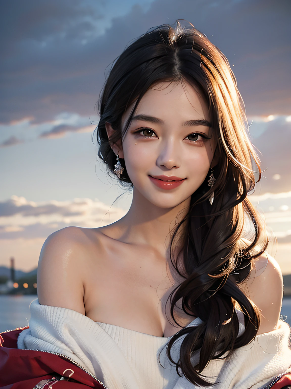 best quality, masterpiece, ultra high res, photorealistic, 1girl, offshoulder, smile