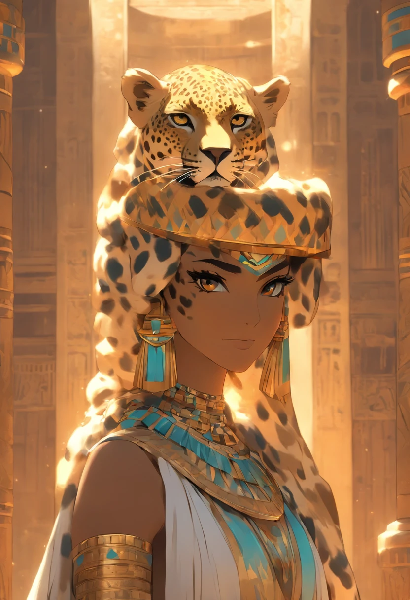 (((leopard head))) best quality, very high resolution, 4K detailed CG, masterpiece, Egyptian mythology,Mafdet,woman,Egyptian tomb, Ancient Egypt, standing pose, white clothes, Egyptian clothes, Egyptian temple , desert, Ancient Egypt , ((leopard head)), Egyptian palace, aesthetics, beautiful image, centered on screen, standing pose