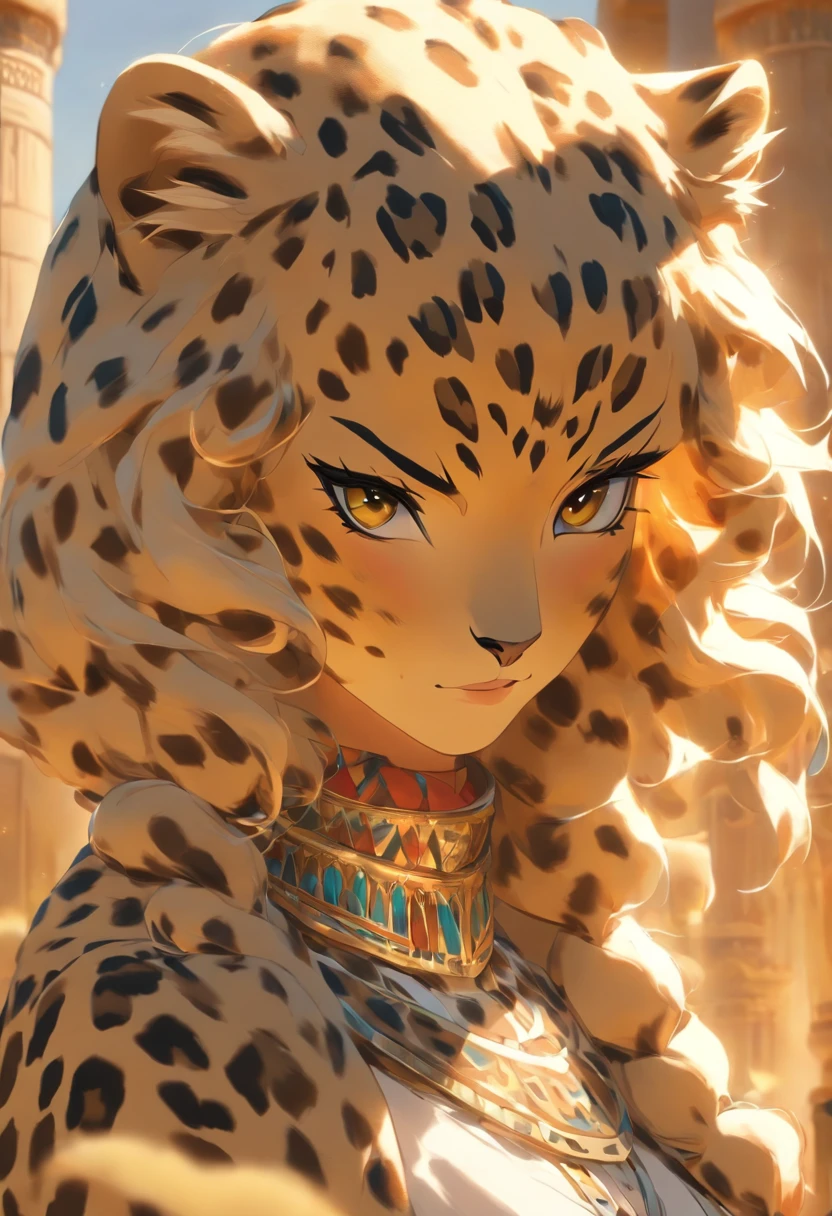 (((leopard head))) best quality, very high resolution, 4K detailed CG, masterpiece, Egyptian mythology,Mafdet,woman,Egyptian tomb, Ancient Egypt, standing pose, white clothes, Egyptian clothes, Egyptian temple , desert, Ancient Egypt , ((leopard head)), Egyptian palace, aesthetics, beautiful image, centered on screen, standing pose
