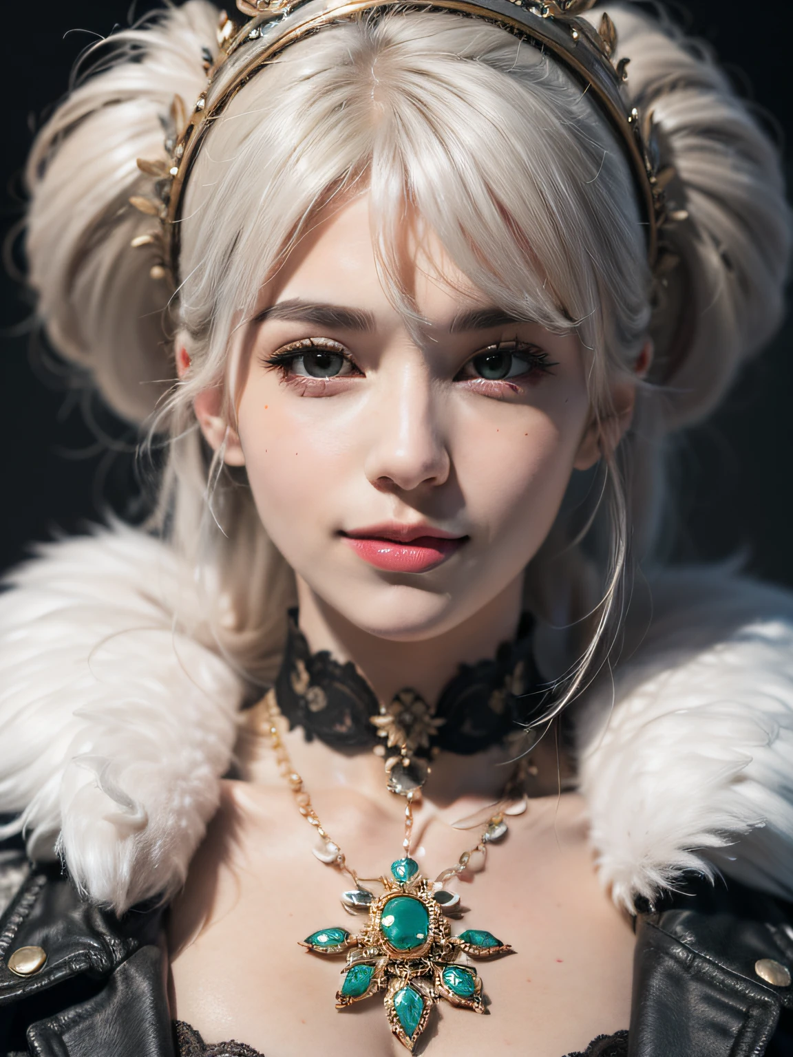 Girl, Smile, Detailed skin, White hair, necklace, Elegant collar, Fluffy smooth feather jacket, Heterochromia, Beautiful, pretty, high detal, Best quality, Ultra detailed, Hyperrealistic, Realistic, Masterpiece, Intricate, absurderes, hires