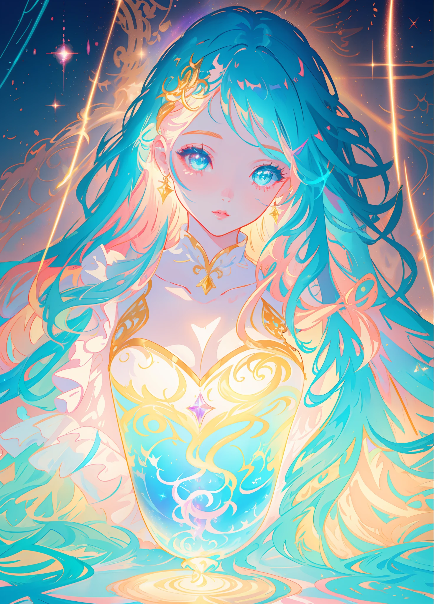 beautiful girl, puffy tiered layered ballgown, magical forest, vibrant pastel colors, (colorful), glowing golden long hair, magical lights, sparkling magical liquid, inspired by Glen Keane, inspired by Lois van Baarle, disney art style, by Lois van Baarle, glowing aura around her, by Glen Keane, jen bartel, glowing lights! digital painting, flowing glowing hair, glowing flowing hair, beautiful digital illustration, fantasia background, whimsical, magical, fantasy, ((beautiful face)), ((masterpiece, best quality)), intricate details, highly detailed, sharp focus, 8k resolution, sparkling detailed eyes, liquid watercolor